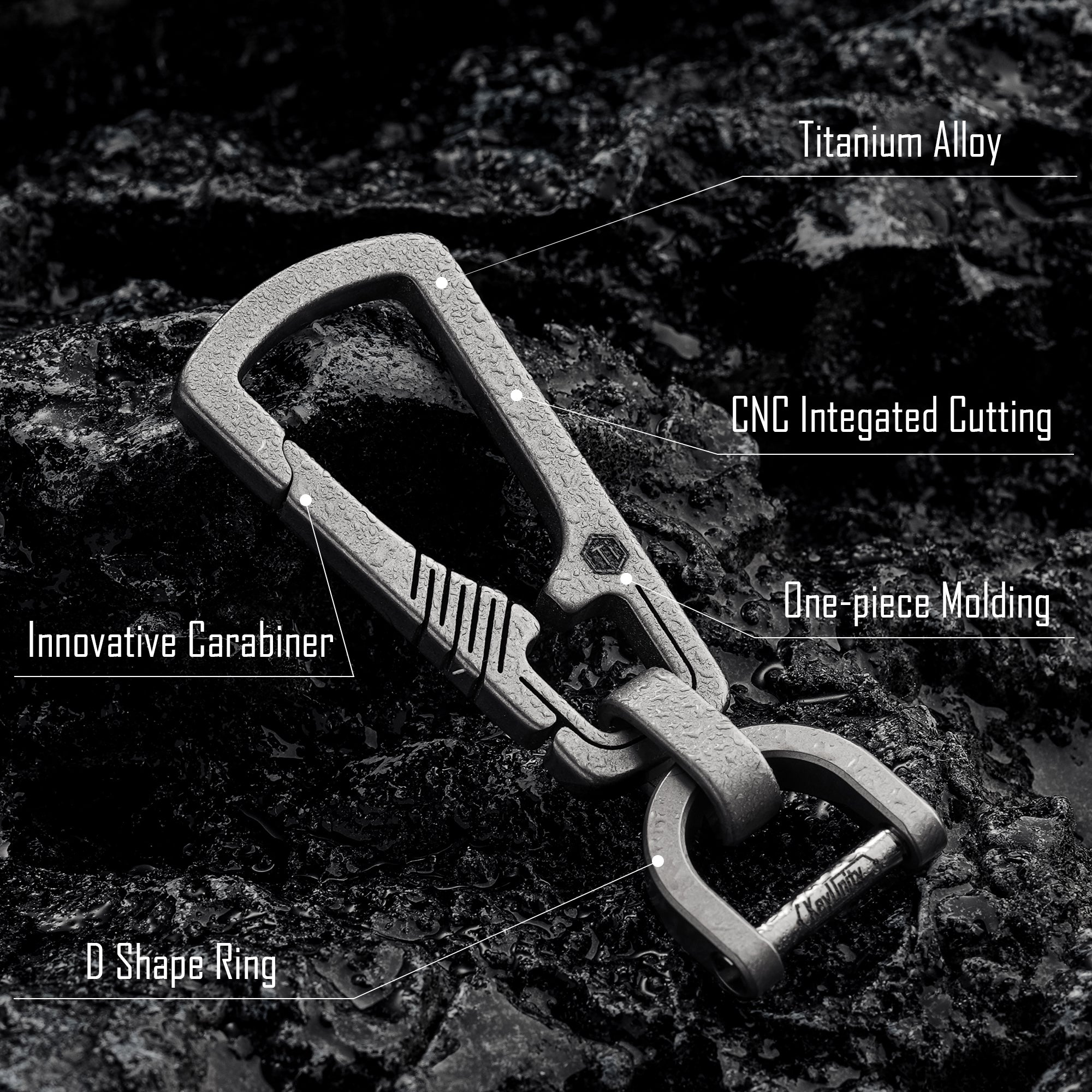 KM16 labeled titanium carabiner construction