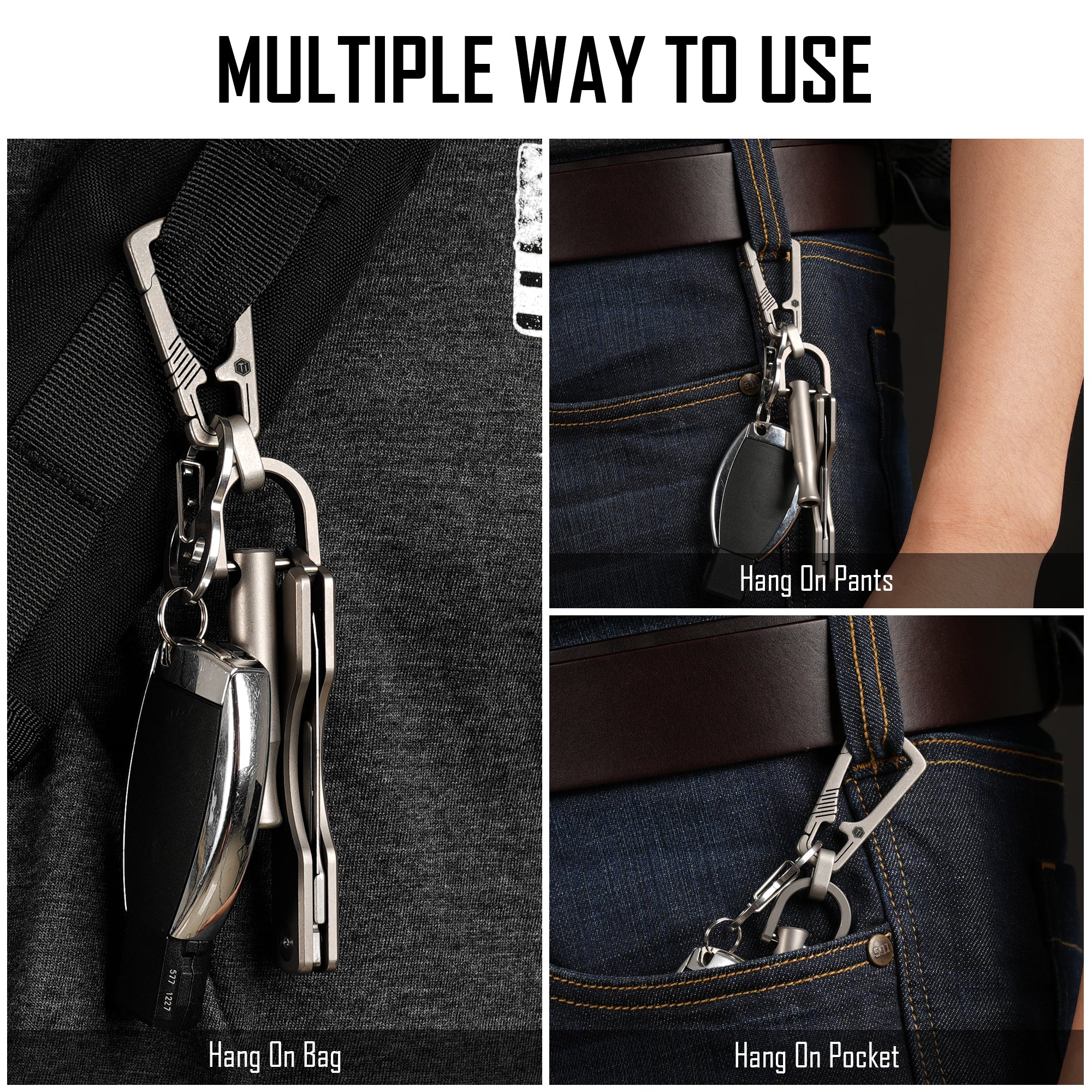 KM17 carabiner shown on bag pocket and belt