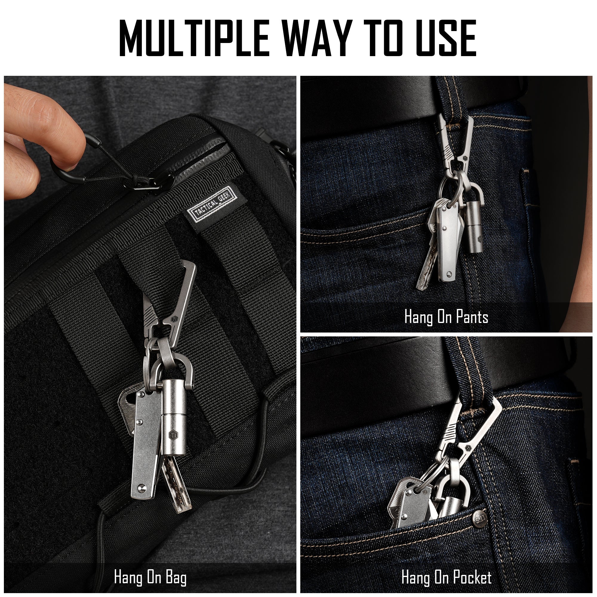 KM16 carabiner shown on bag pocket and belt