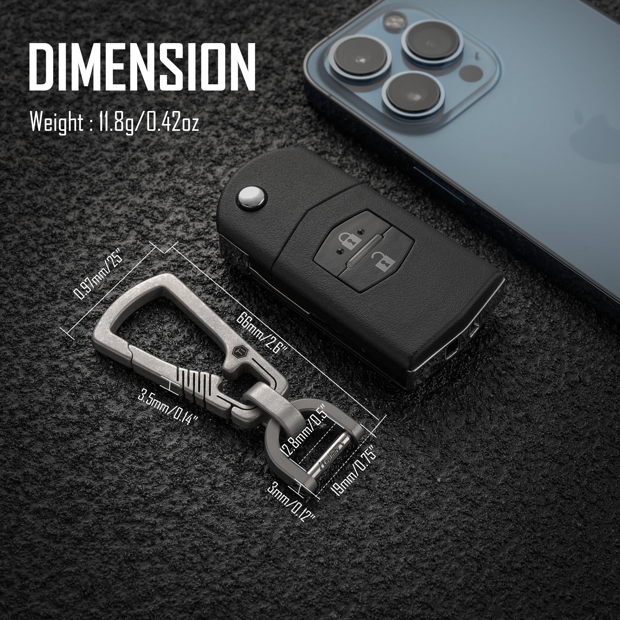 KM16 carabiner dimensions beside a car key