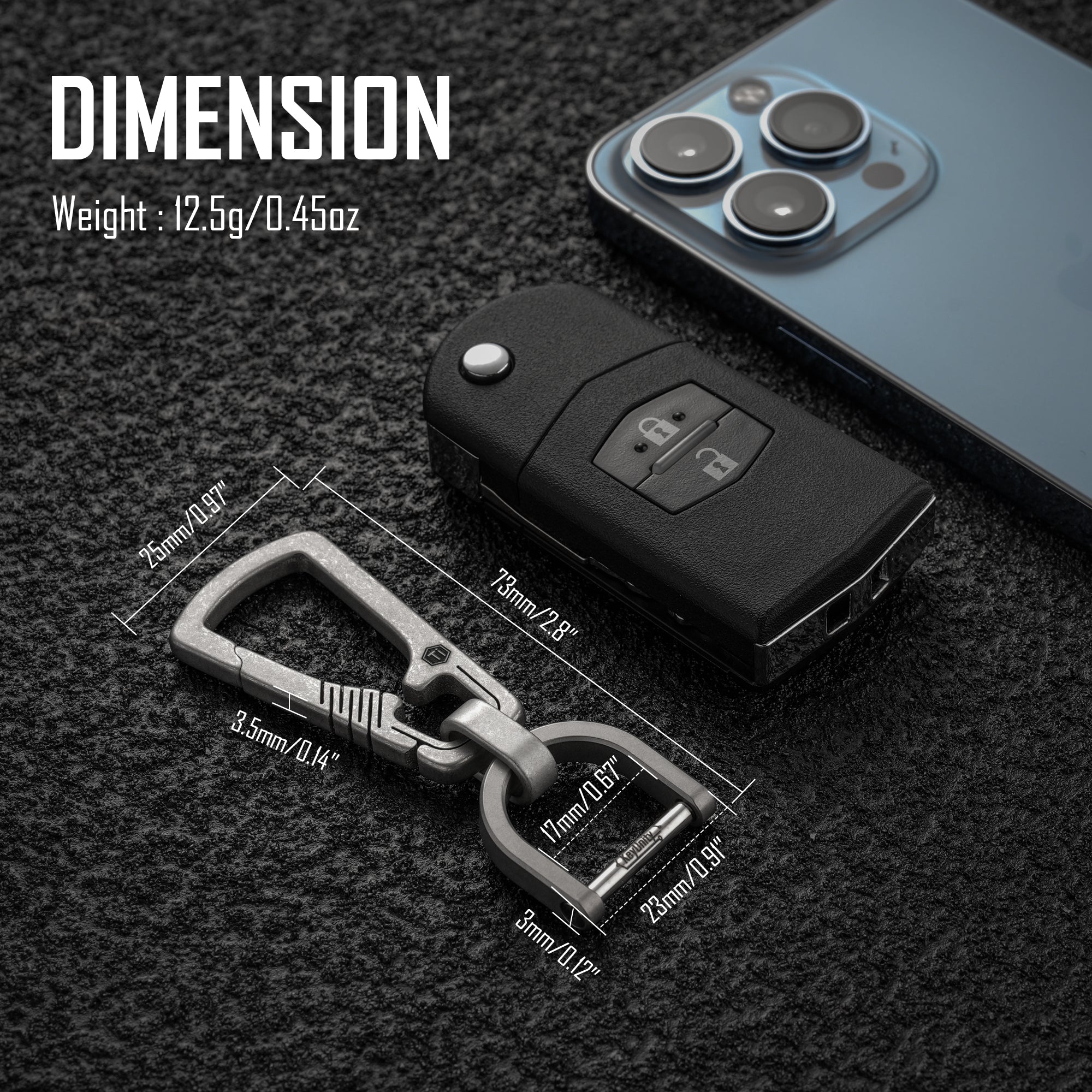 KM17 natural carabiner dimensions beside a car key