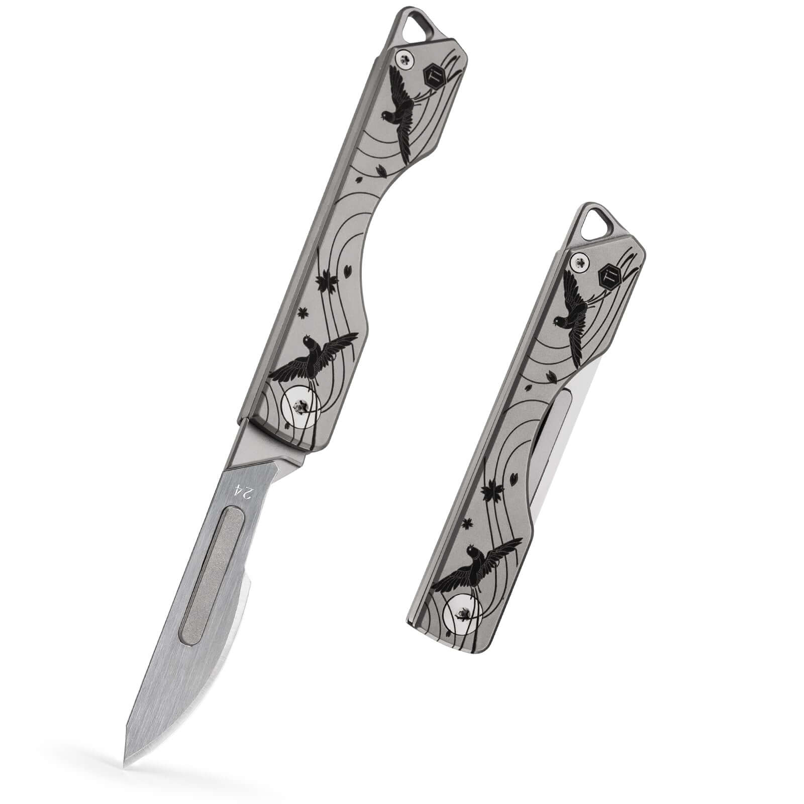 KK01CBBP Titanium Folding Knife with #24 Replaceable Blade (Cherry blossom bird pattern)