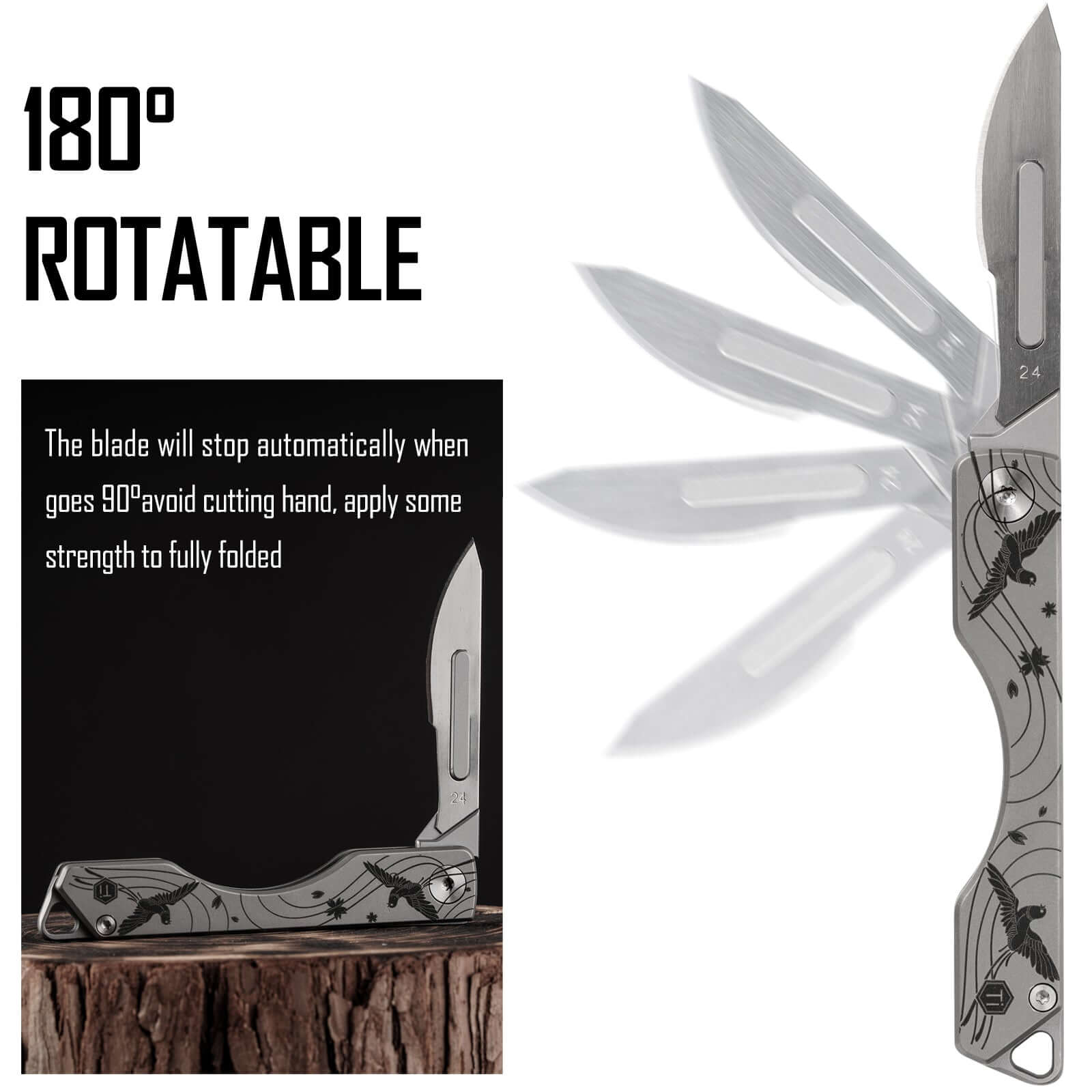 KK01CBBP Titanium Folding Knife with #24 Replaceable Blade (Cherry blossom bird pattern)