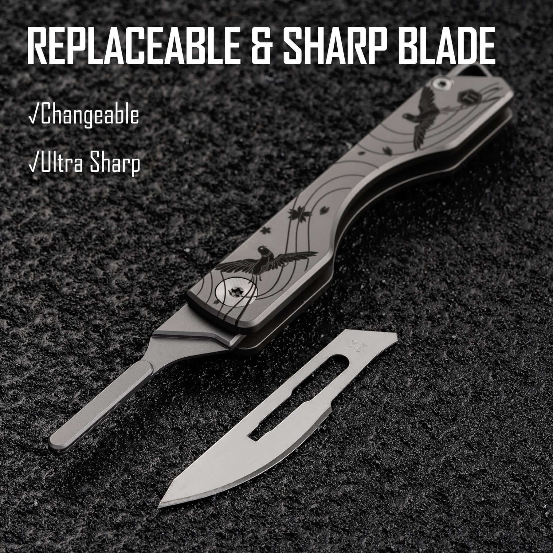 KK01CBBP Titanium Folding Knife with #24 Replaceable Blade (Cherry blossom bird pattern)