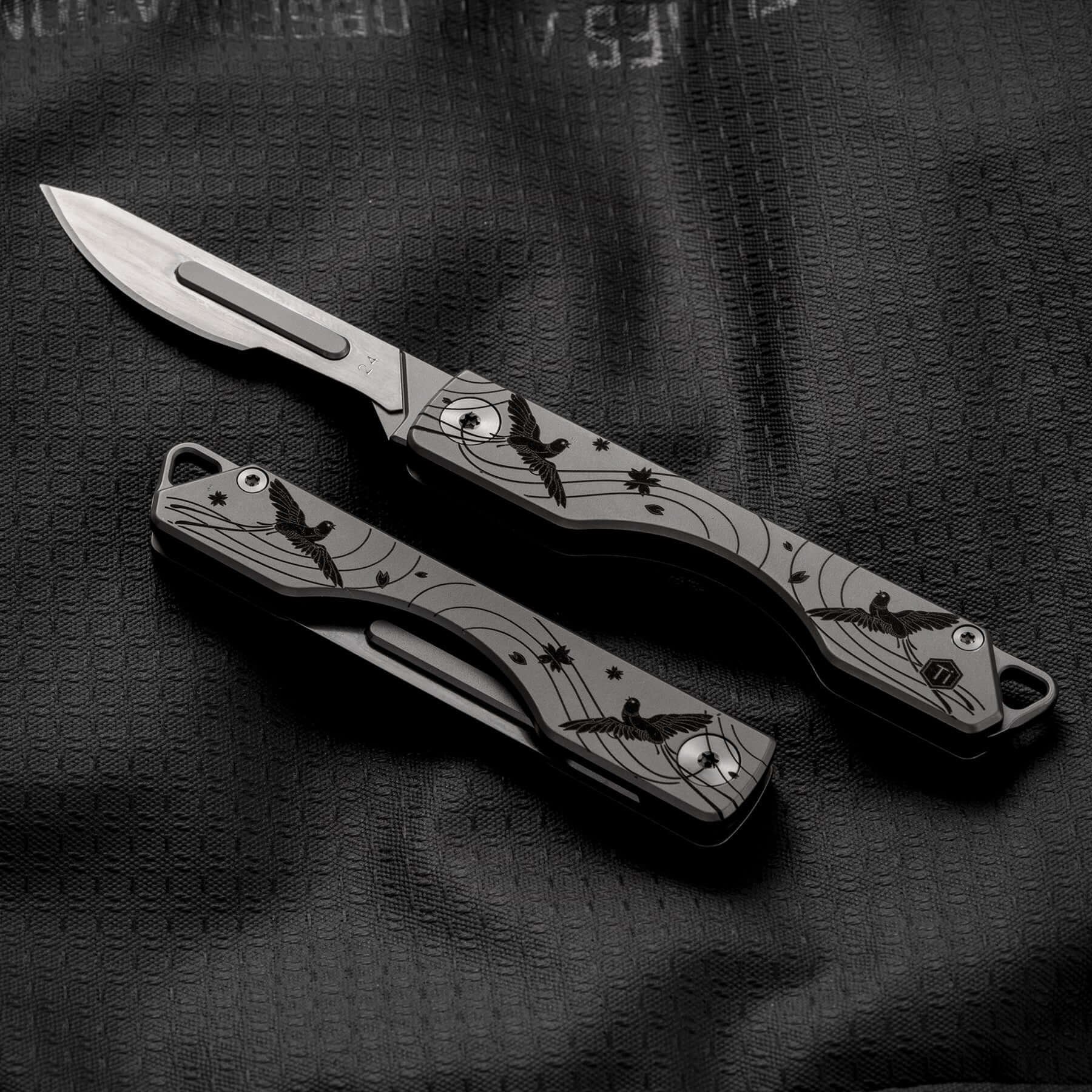 KK01CBBP Titanium Folding Knife with #24 Replaceable Blade (Cherry blossom bird pattern)