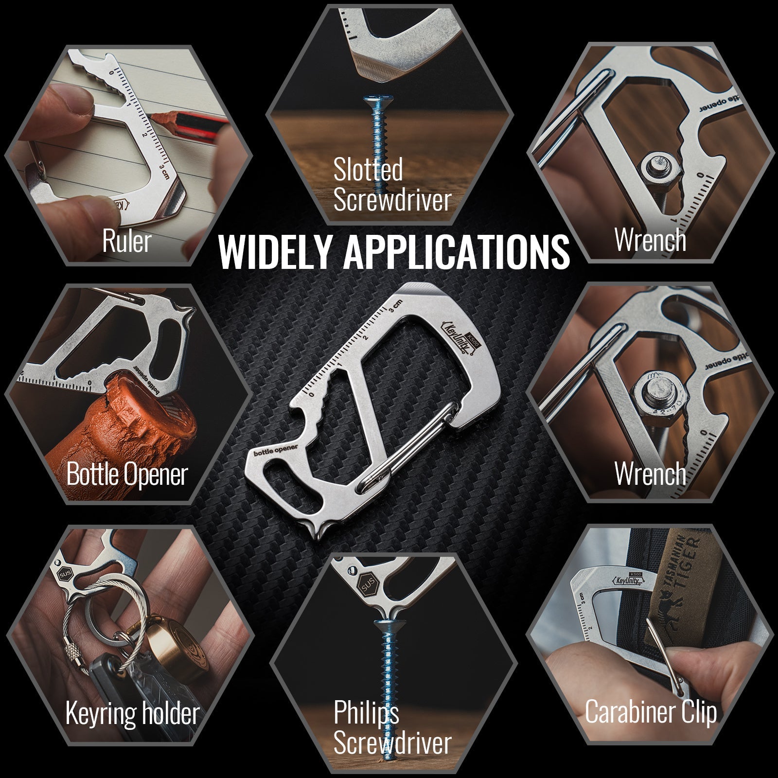KS00 carabiner multi tool featuring ruler screwdriver wrench bottle opener and keyring holder functions