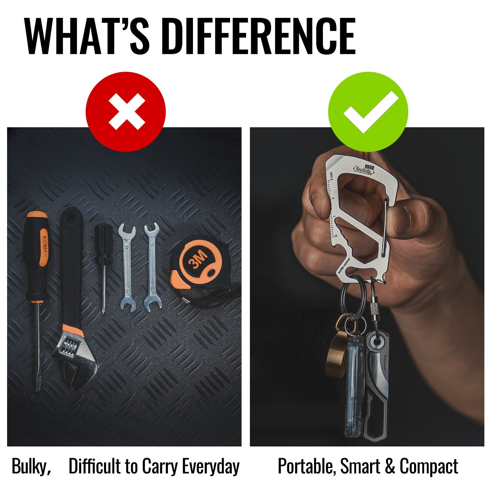 Compact EDC carabiner tool KS00 designed for portable everyday carry compared with bulky tools