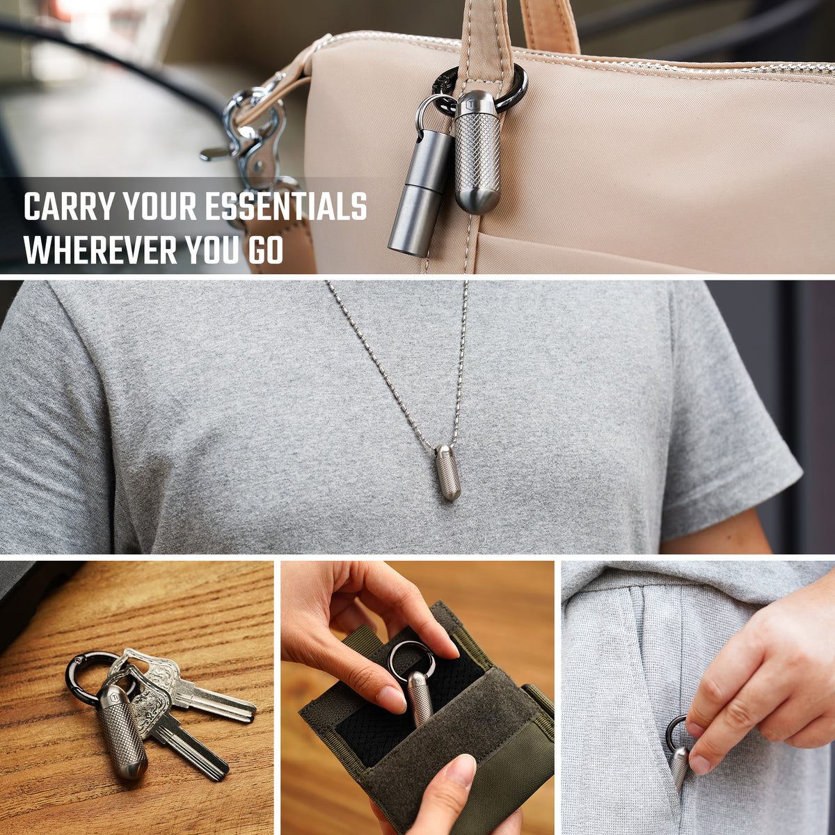 titanium mini pill case carried on keys, bag, necklace and pocket