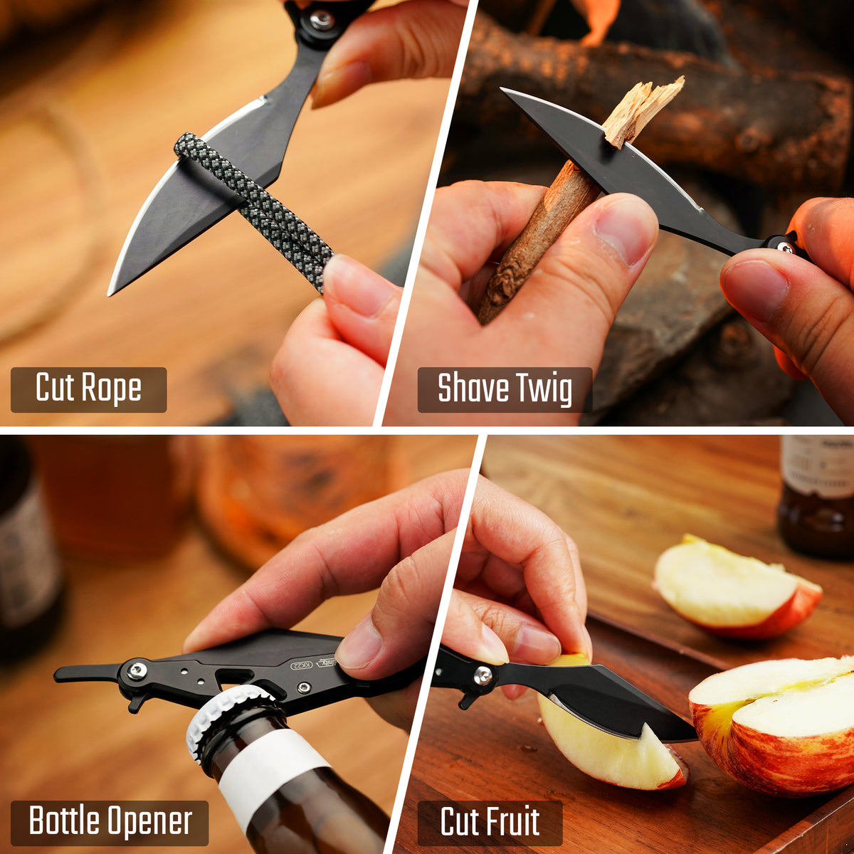 folding knife used for cutting rope, shaving wood, opening bottles and slicing fruit