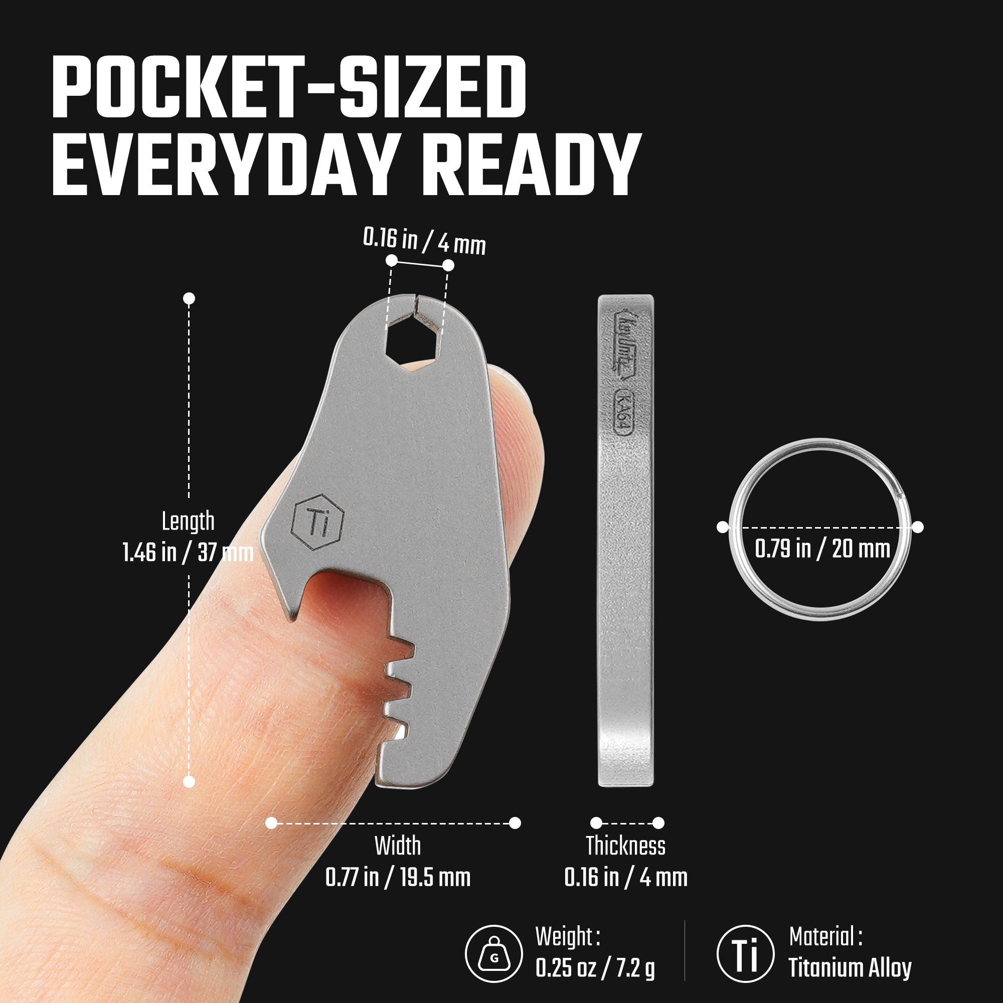 KA64 titanium bottle opener dimensions and 0.25 oz lightweight design