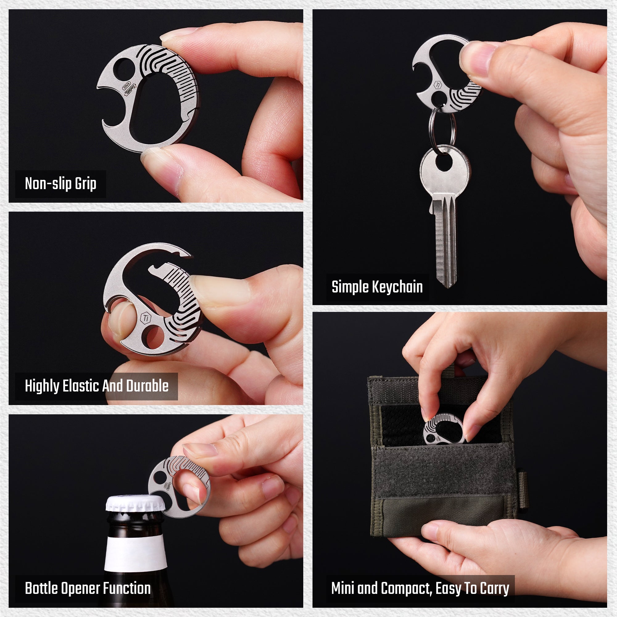 KA66 compact titanium keychain showing grip, key carry and bottle opener functions
