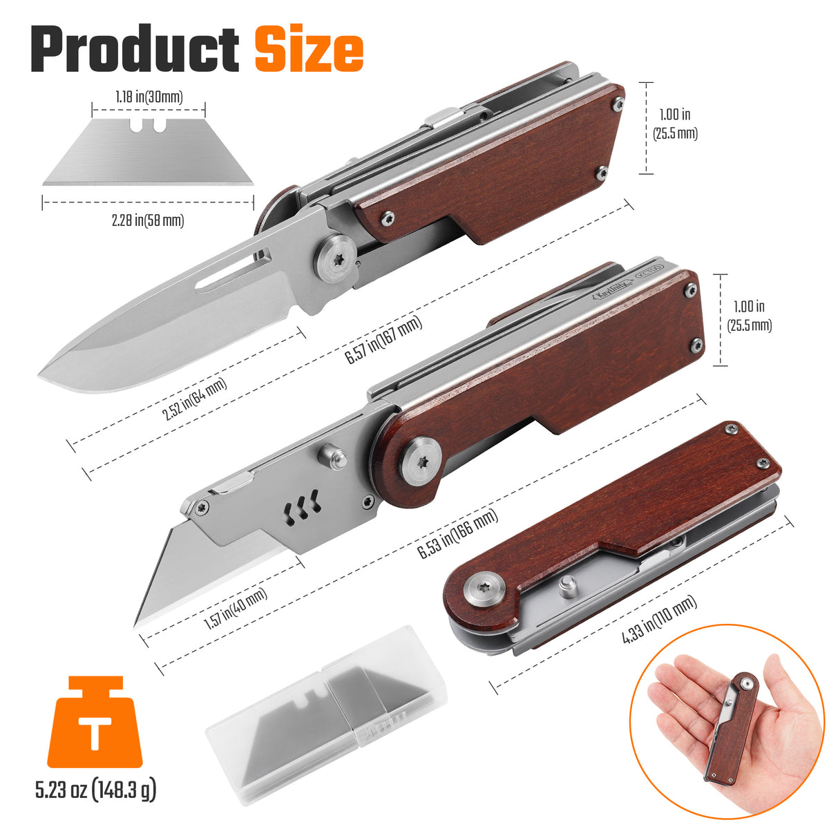 KCT00 2-in-1 folding utility knife with folding blade, utility blade and replacement blades