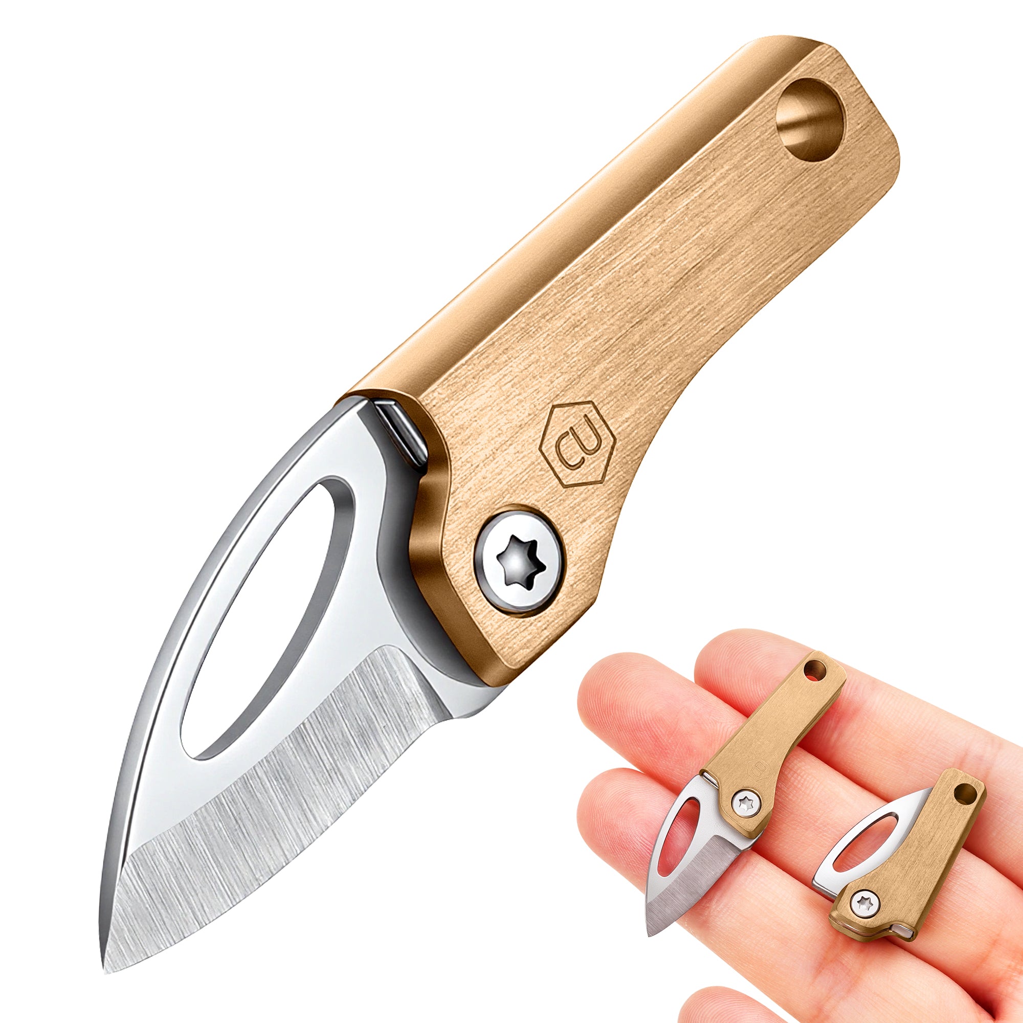 KK21 brass mini folding knife shown open and folded