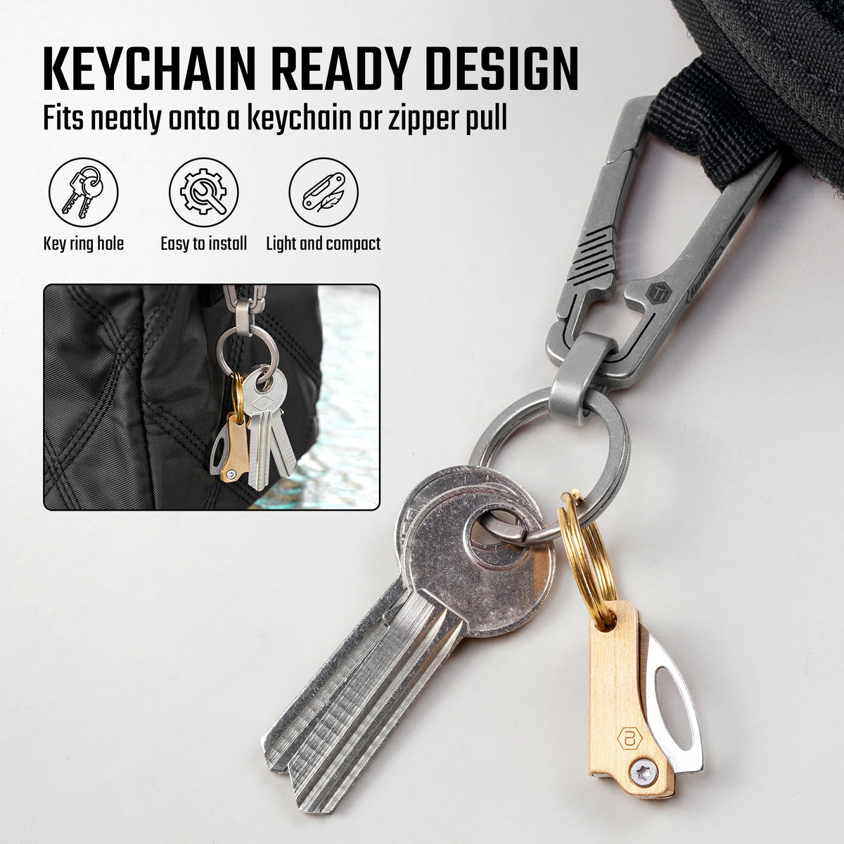 KK21 brass mini folding knife carried on a keychain and zipper pull