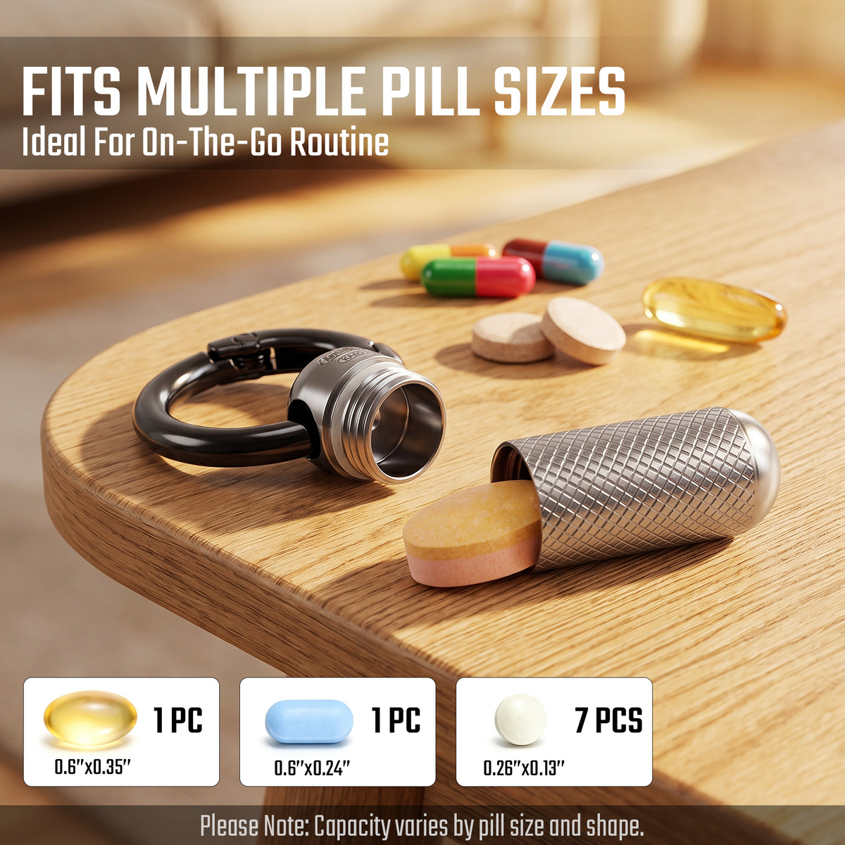 mini titanium pill case showing storage capacity for different pill sizes