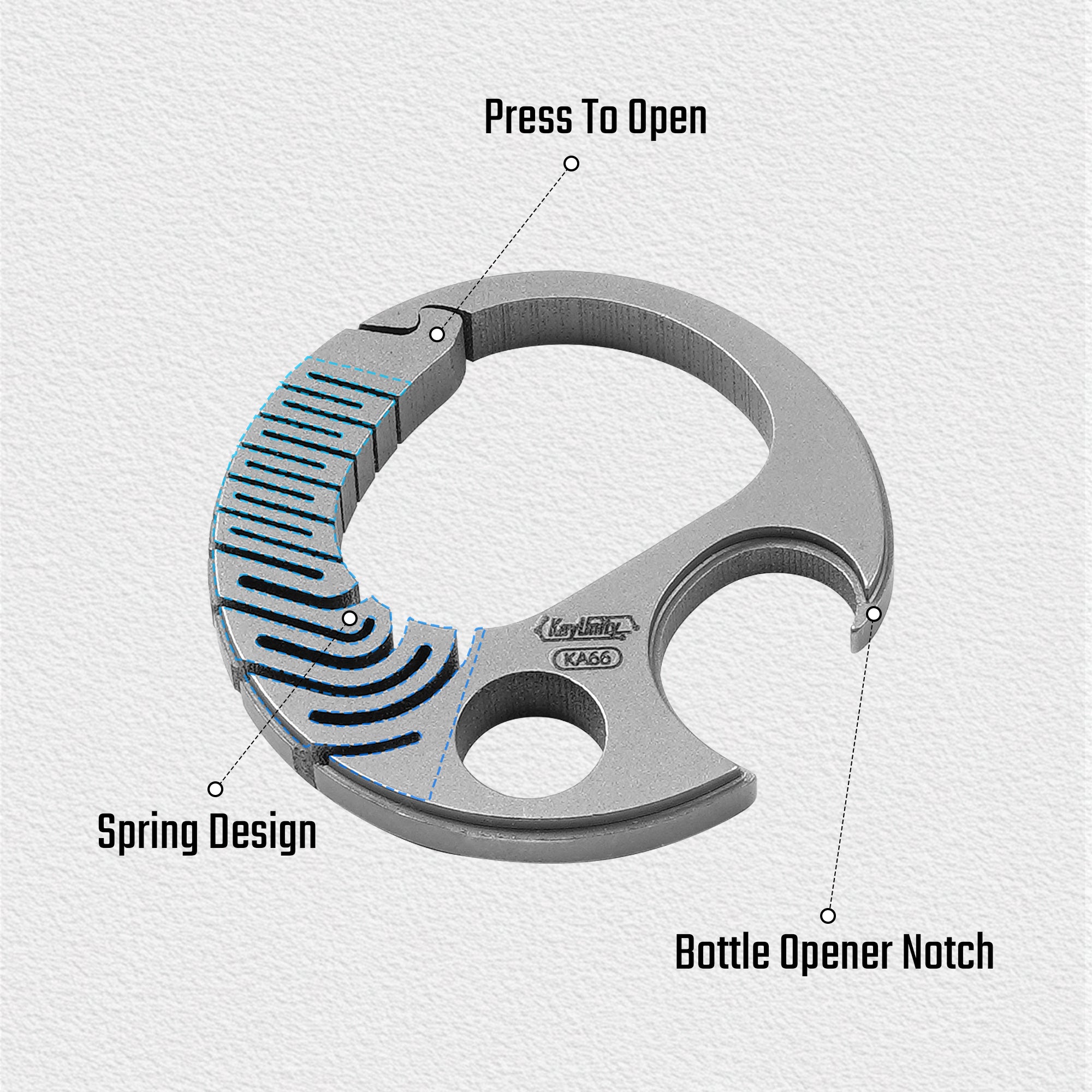 KA66 titanium keychain with spring design and integrated bottle opener notch