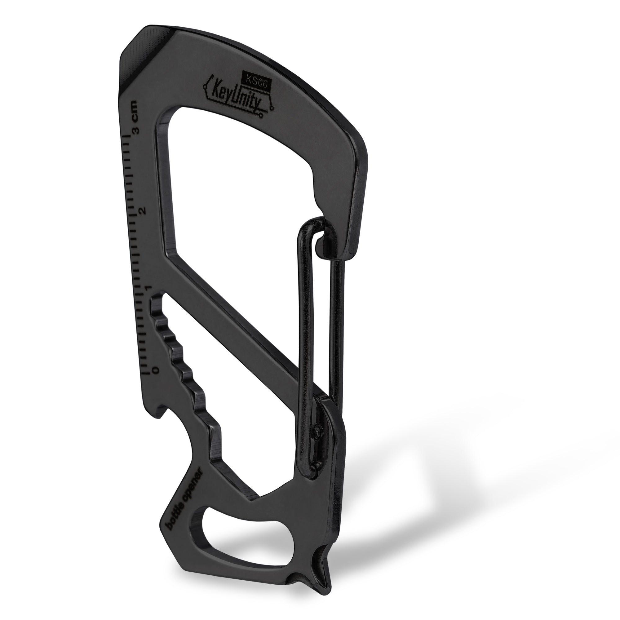 Large black stainless steel carabiner clip KS00 with bottle opener on white background