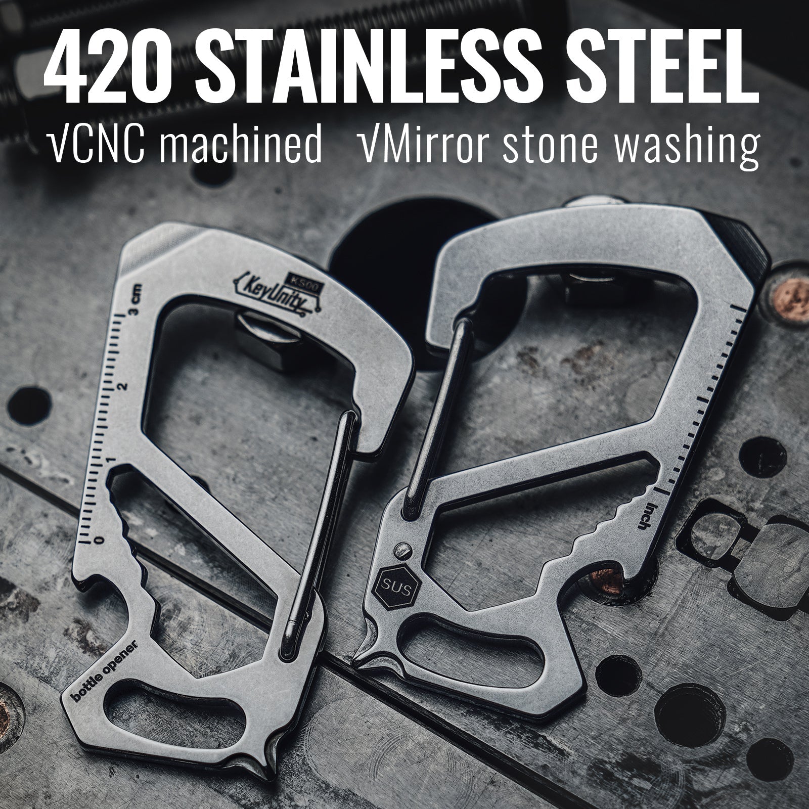 Close-up view of durable stainless steel carabiner clip with strong metal construction