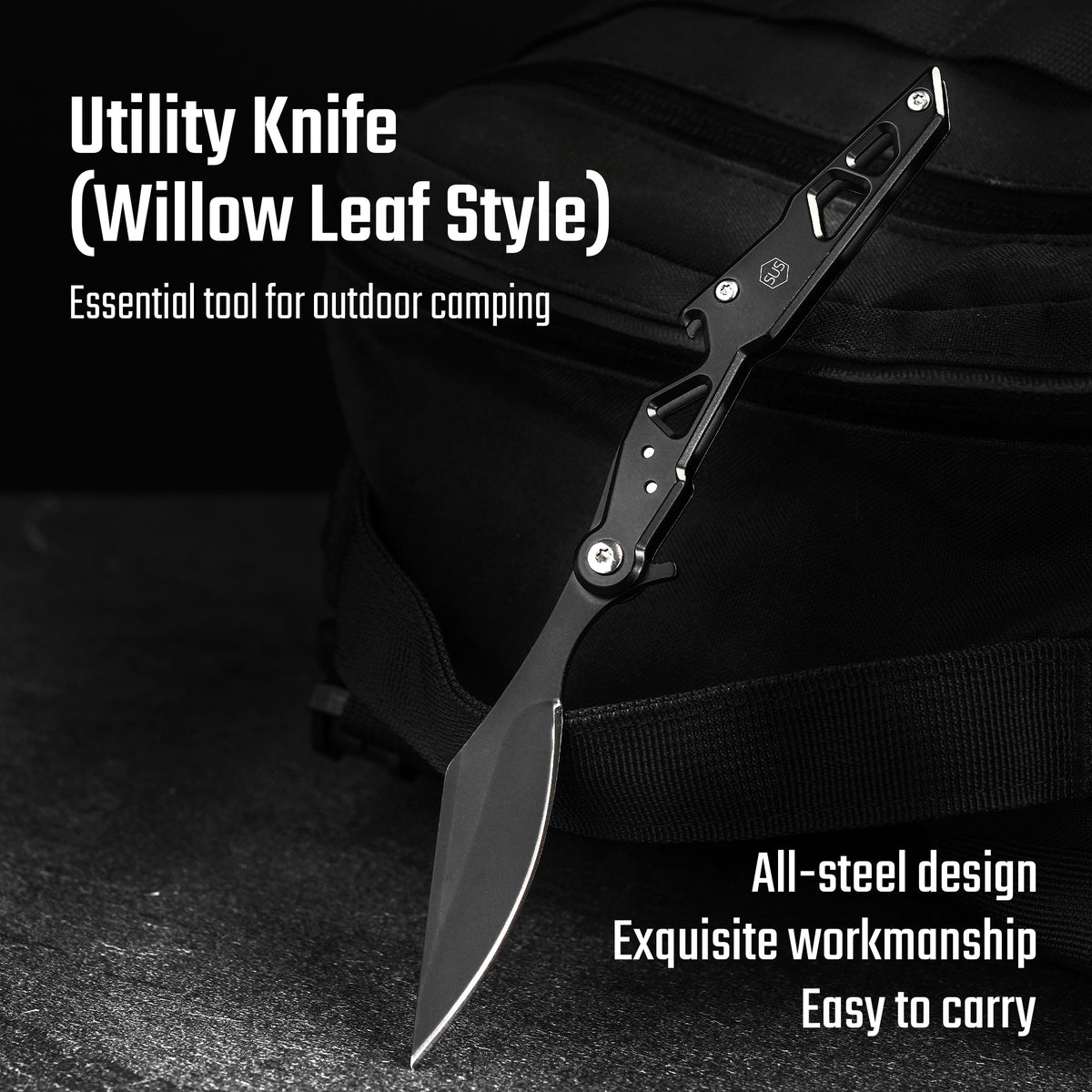 stainless steel folding knife with black willow-leaf style blade