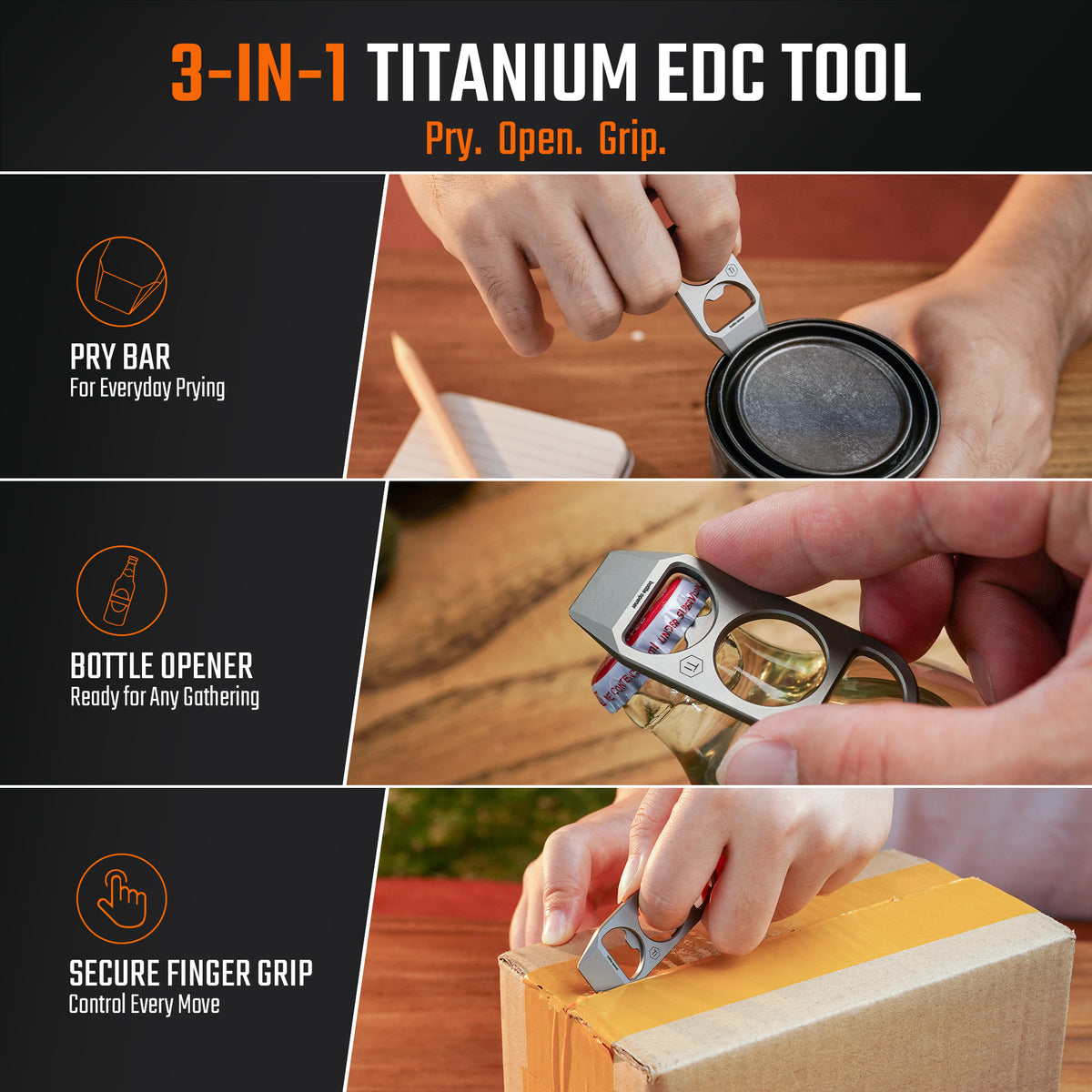 KR06 3-in-1 titanium EDC tool with pry bar, bottle opener and finger grip
