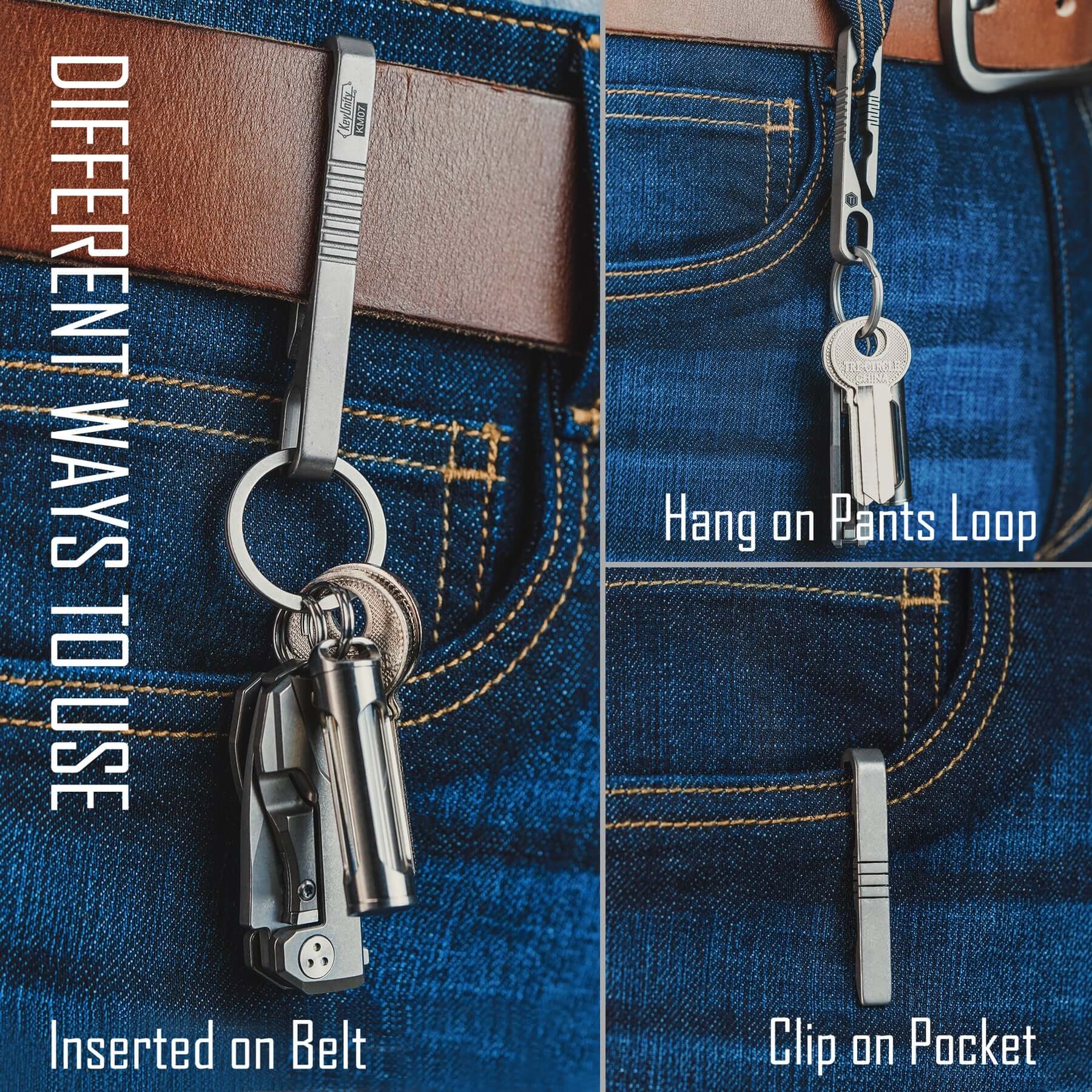 KeyUnity Belt Key Clip, Titanium Double Side Quick Release Key Holder with Detachable Keyring for Belt Pants Loop Pocket, Km00, Blue, Adult Unisex