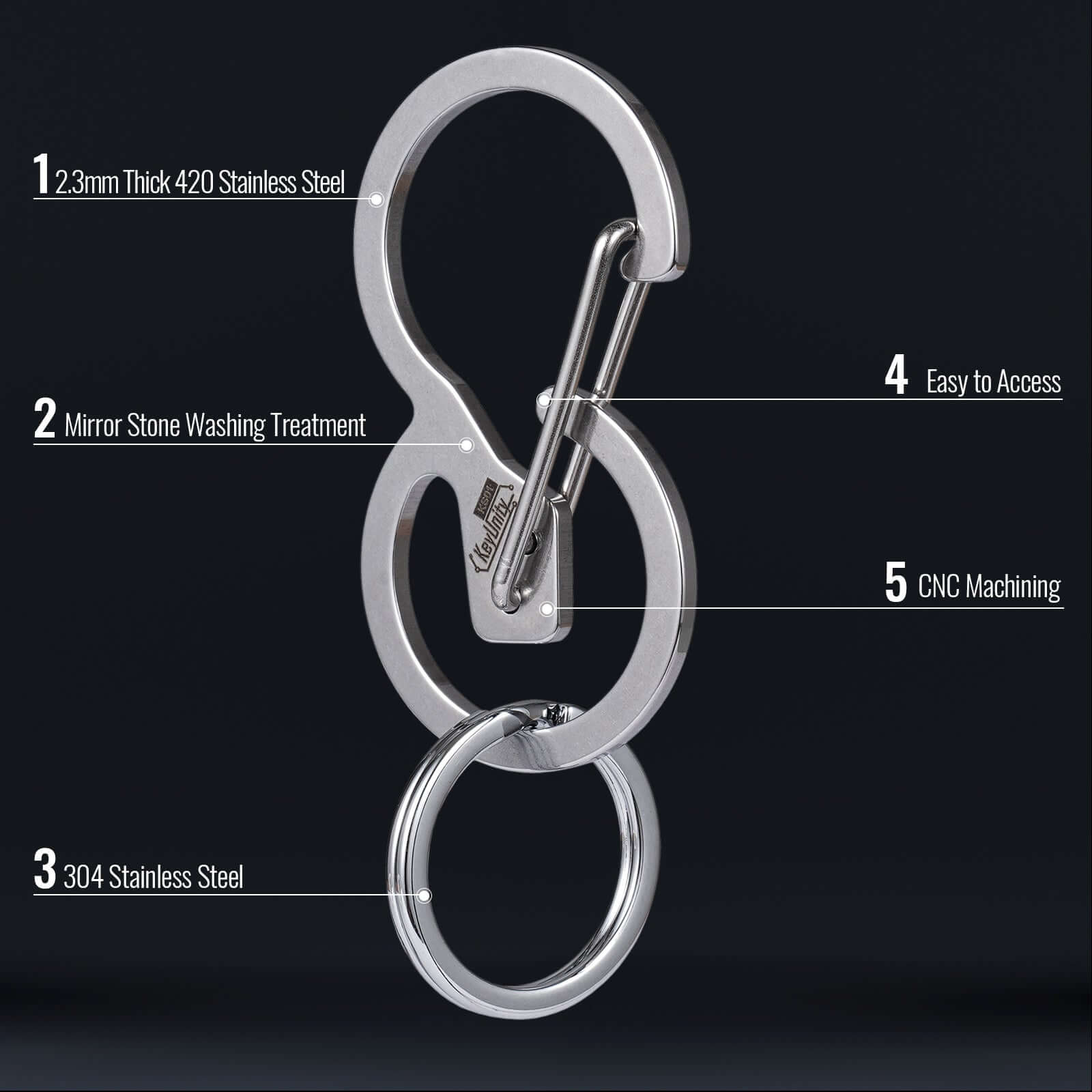 KeyUnity Key Chain, KS05 Stainless Steel Carabiner Sets Mini Clips for  Keys, Flashlight and Whistles, Black