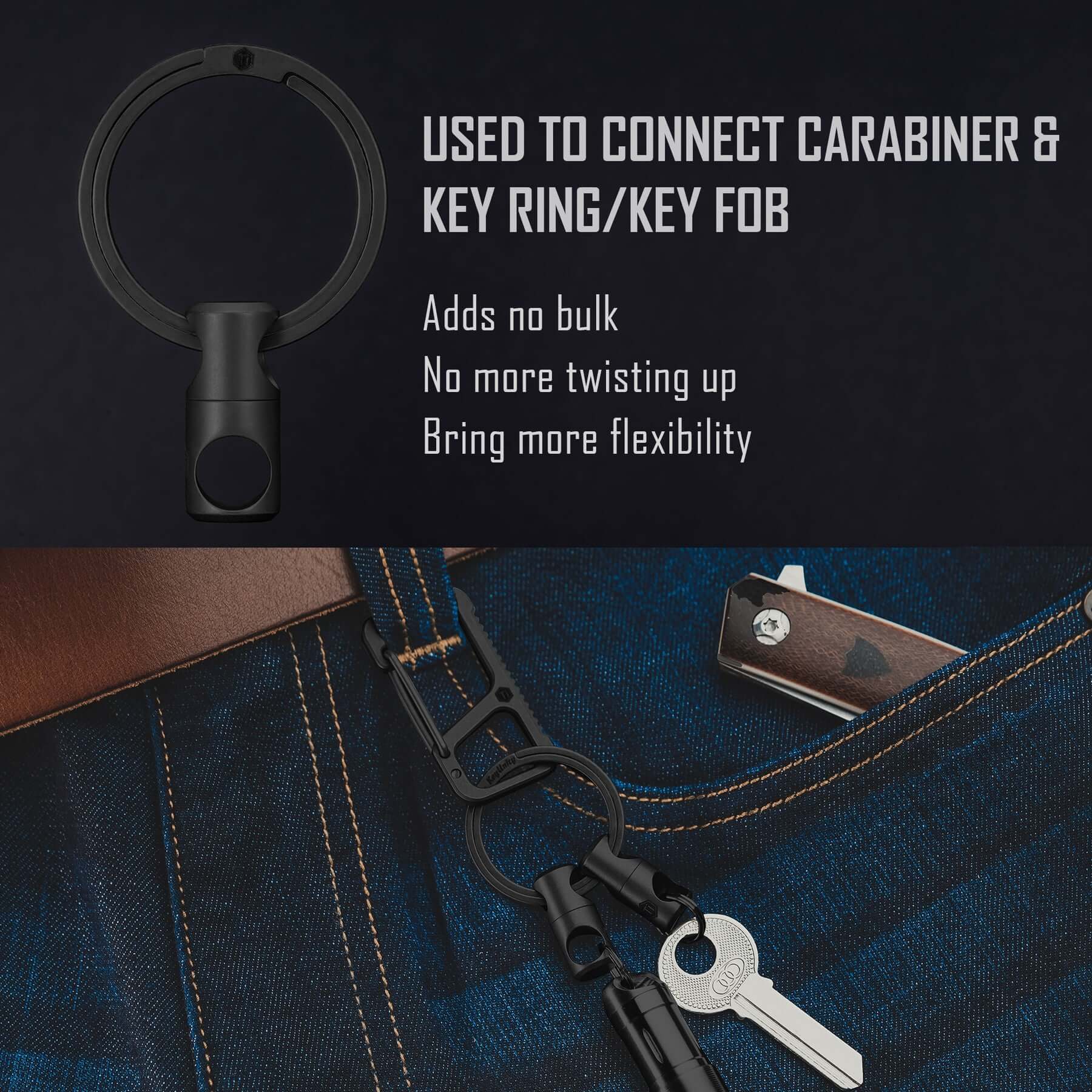 KA07 Titanium Swivel Key Ring Keychain Connector 2pcs, Anti Tangle 360° Rotate Key Linker for Carabiner & Split Ring （Black）