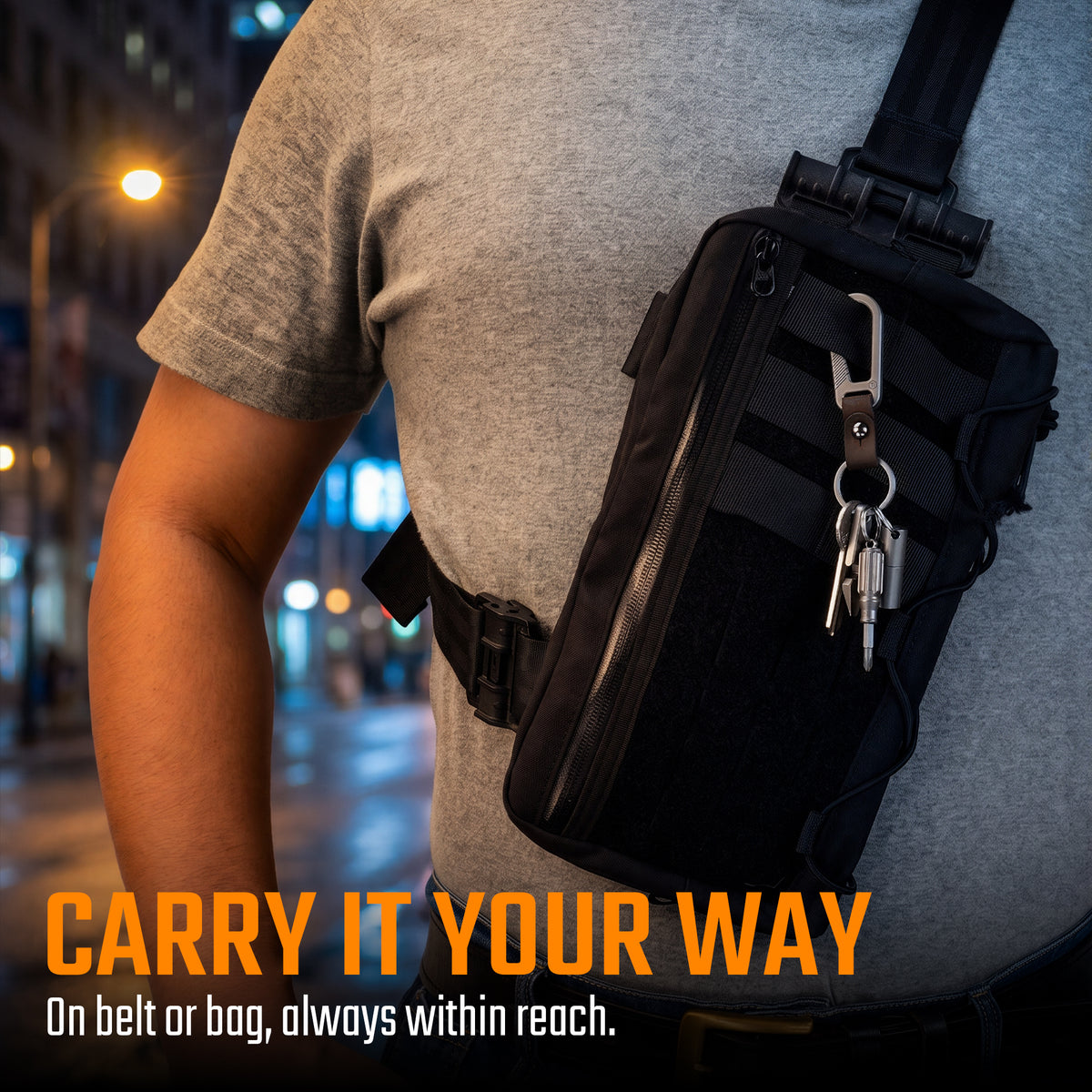 titanium carabiner keychain attached to an EDC shoulder bag