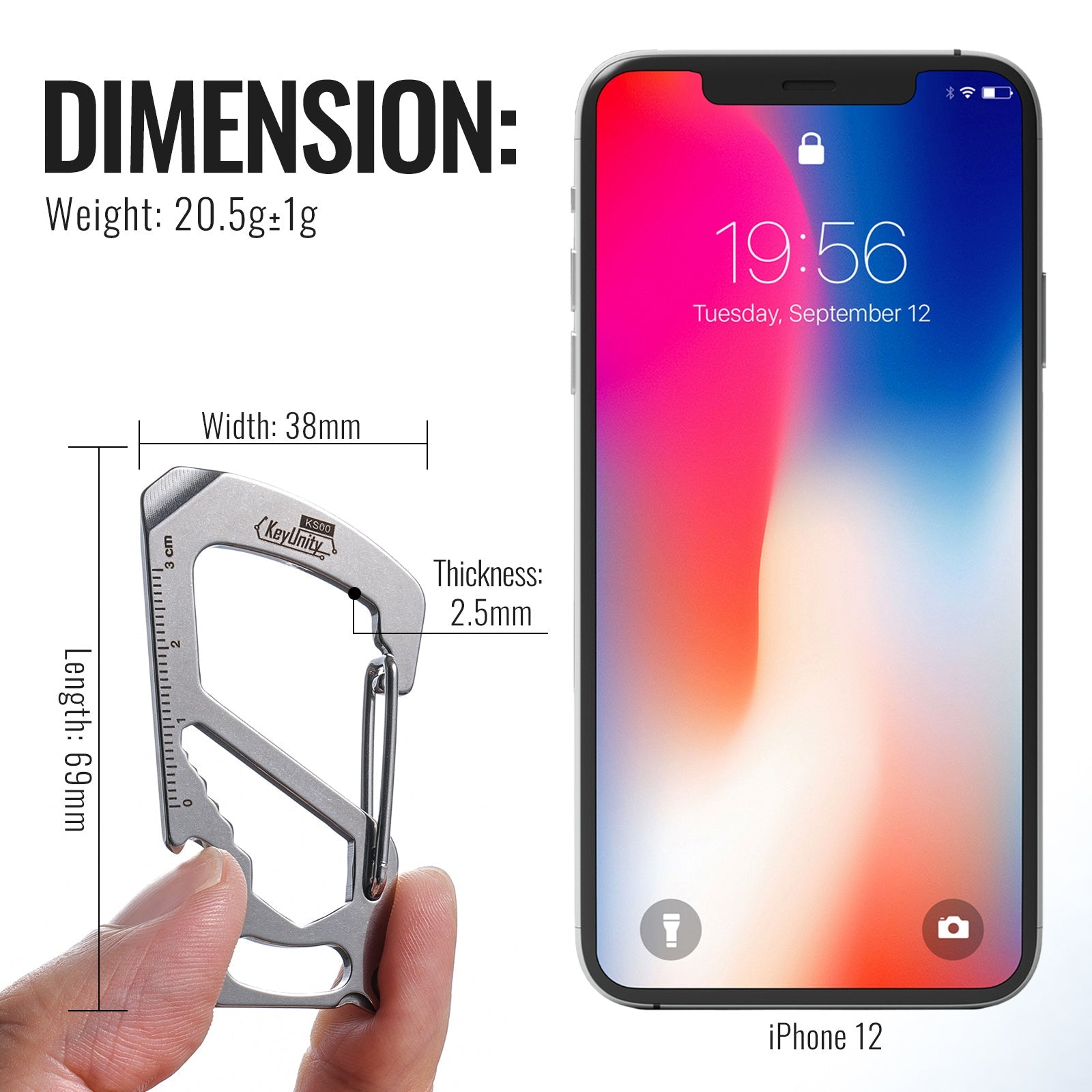 Stainless steel carabiner clip size dimensions showing compact EDC carry design