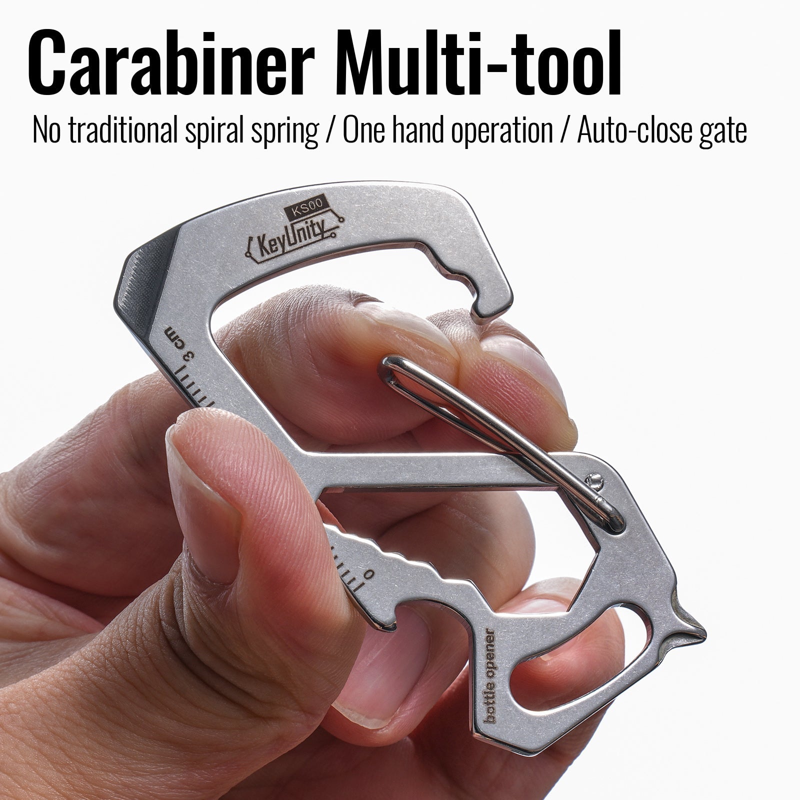 Stainless steel carabiner multi tool KS00 with bottle opener and one hand operation design