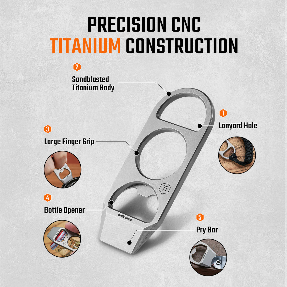 KR06 CNC machined titanium pry bar with sandblasted finish and bottle opener