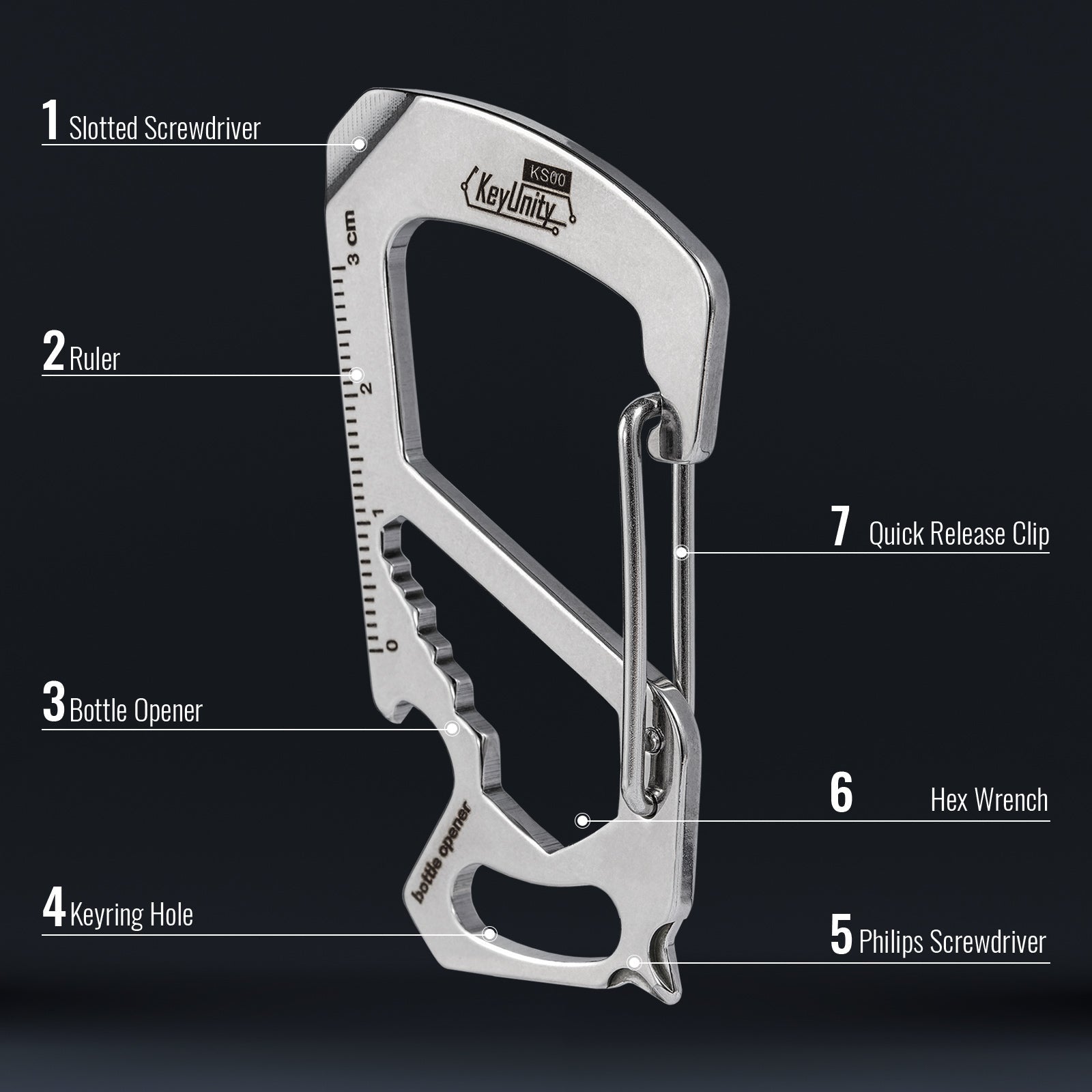 KS00 stainless steel EDC carabiner tool showing screwdriver ruler bottle opener and wrench features