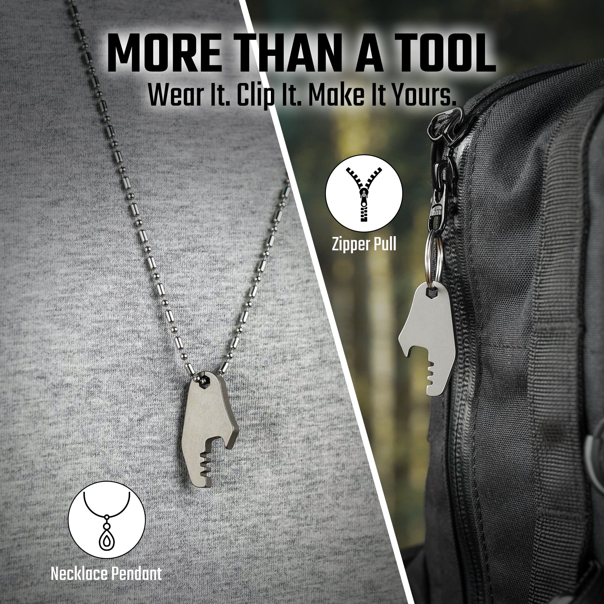 KA64 titanium EDC tool worn as a pendant and attached to a zipper