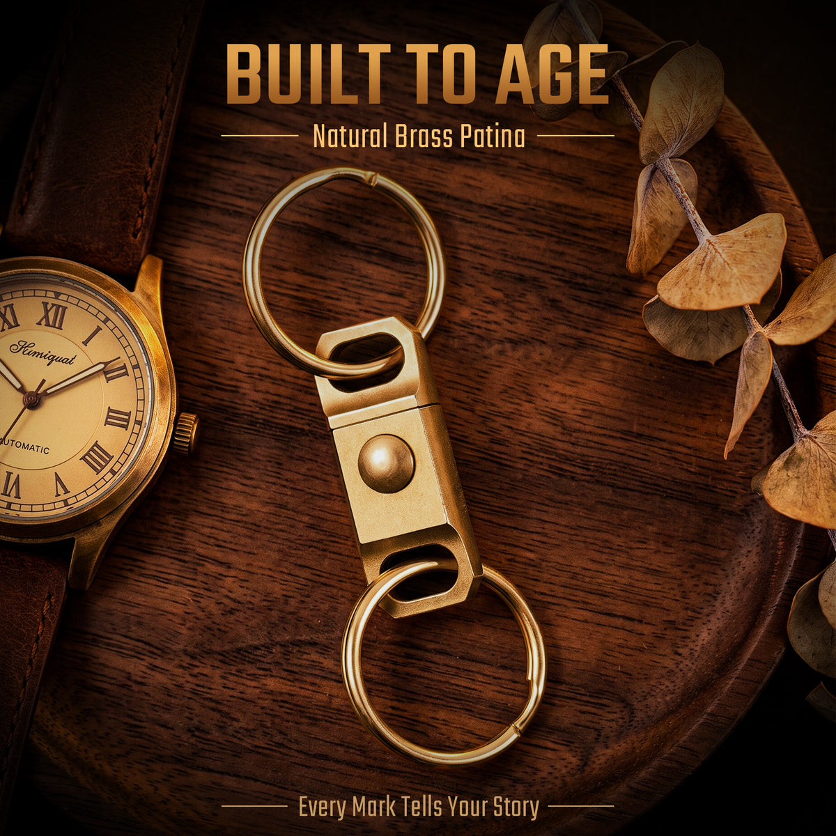 KA63 brass quick release keychain showing natural brass patina