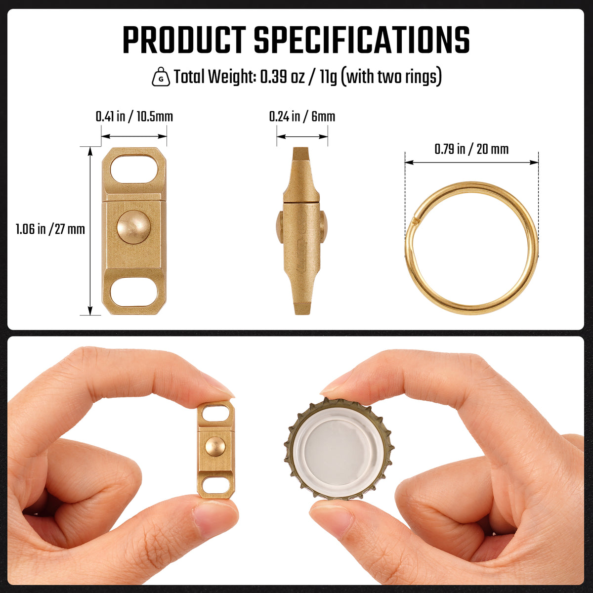 KA63 brass quick release keychain dimensions with two 20 mm key rings