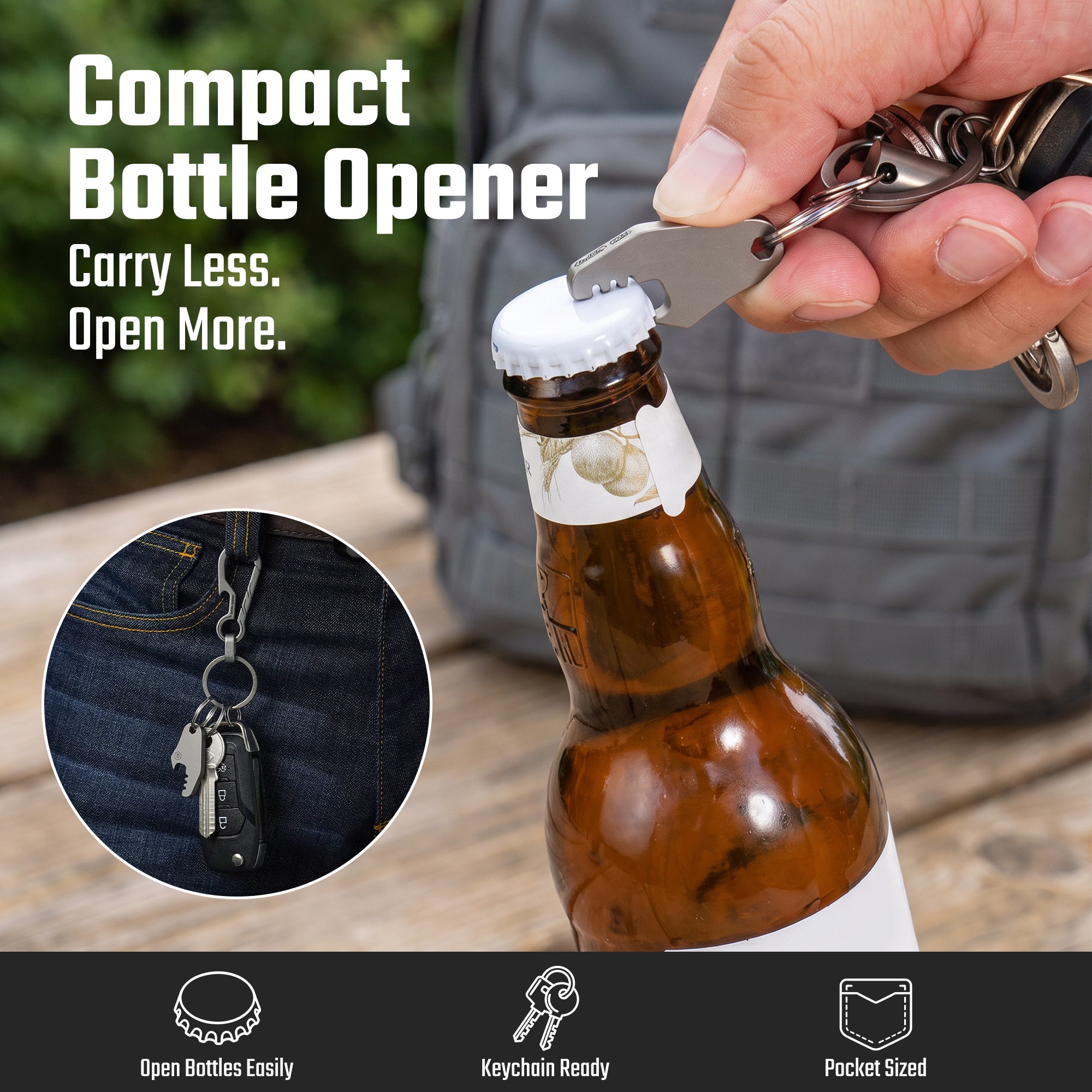 KA64 mini titanium bottle opener attached to a keychain for everyday carry