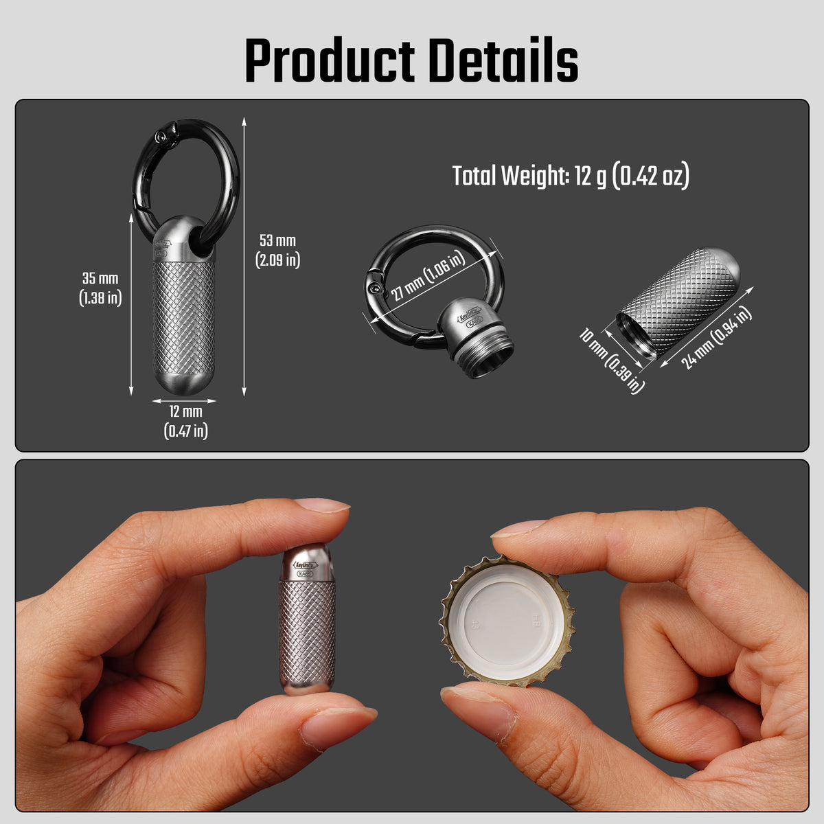 titanium pill case dimensions, inner chamber size and 0.42 oz total weight