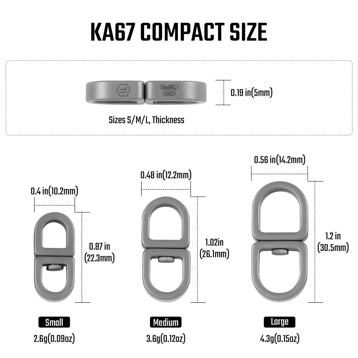 KA67 titanium swivel connector size options in small medium and large