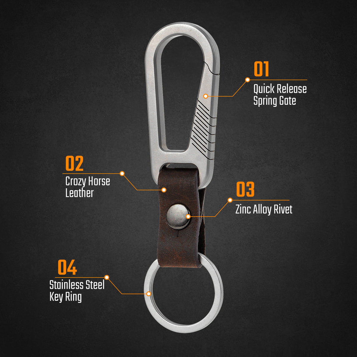 keychain with titanium spring gate, leather connector and stainless steel key ring
