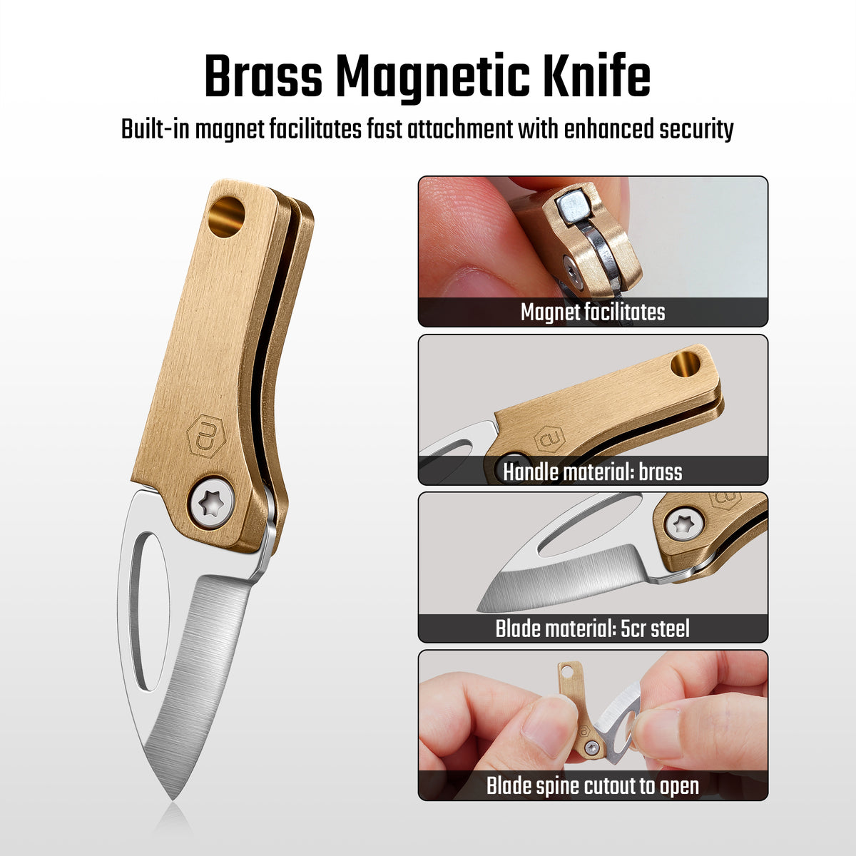KK21 mini folding knife with brass handle, 5Cr steel blade and magnetic hold