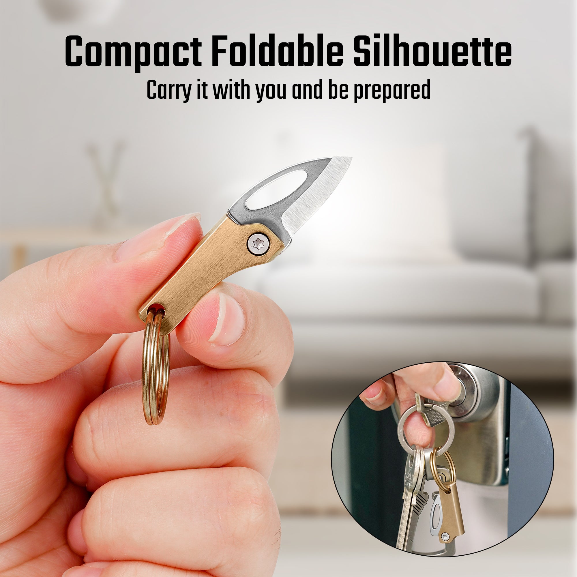 KK21 compact brass folding knife attached to a key ring for everyday carry