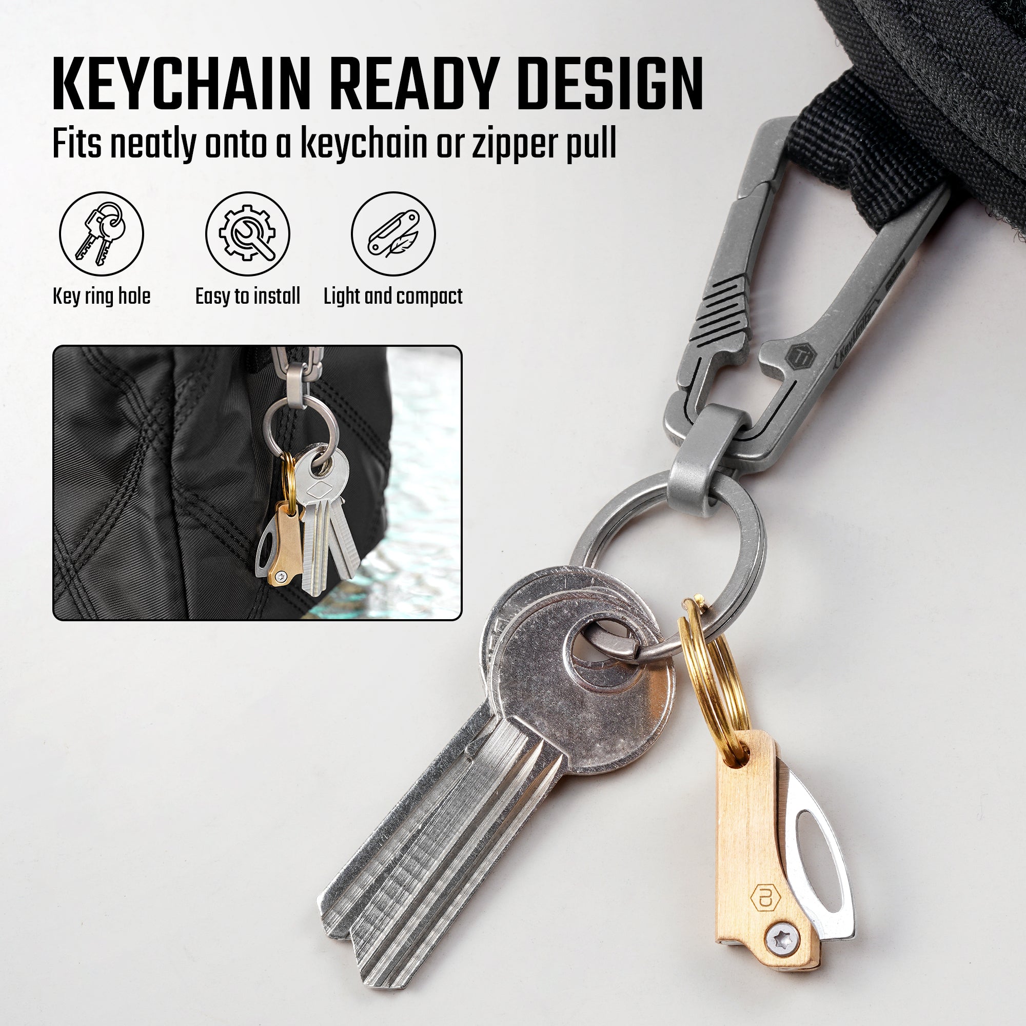 KK21 brass mini folding knife carried on a keychain and zipper pull