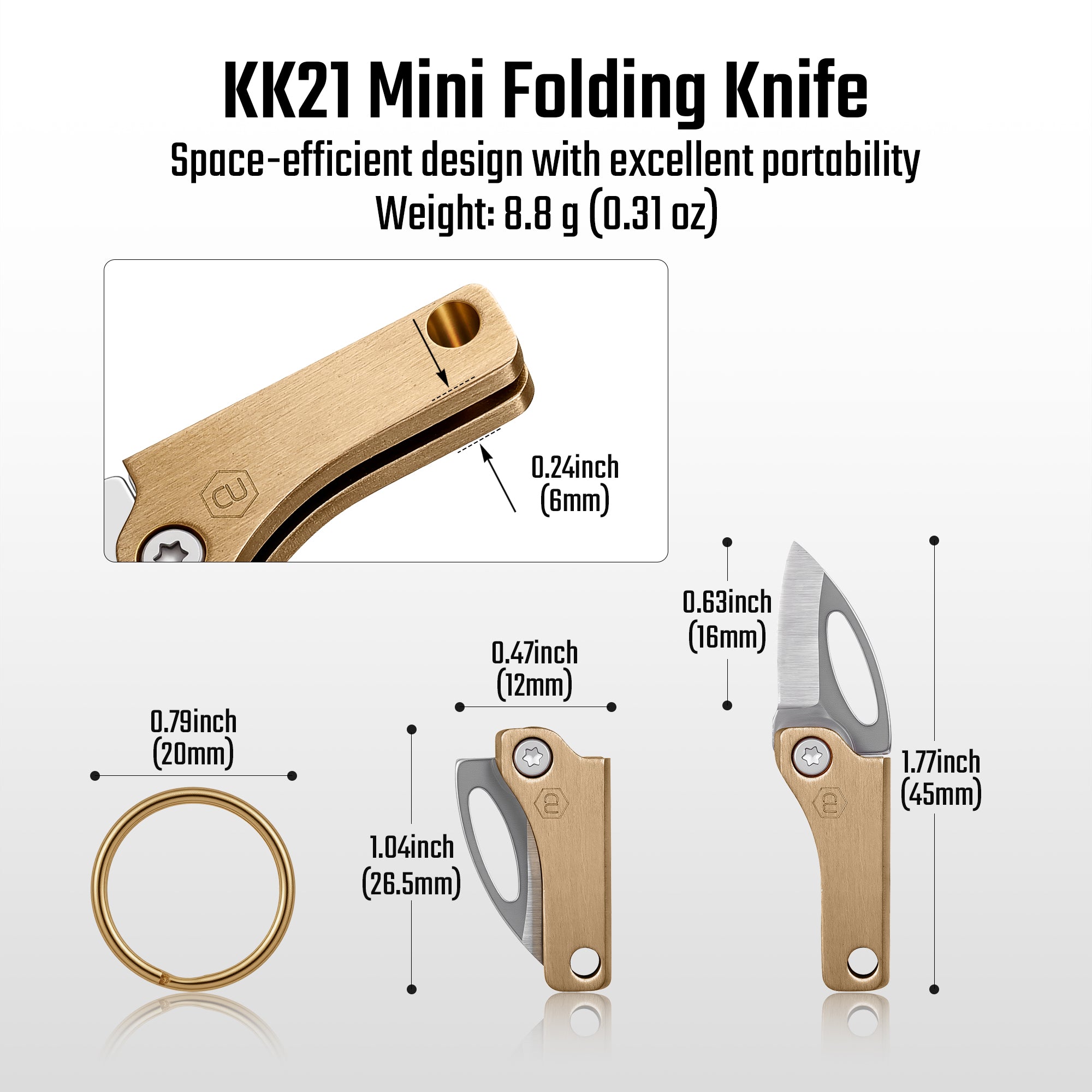 KK21 brass mini folding knife dimensions and 0.31 oz lightweight design
