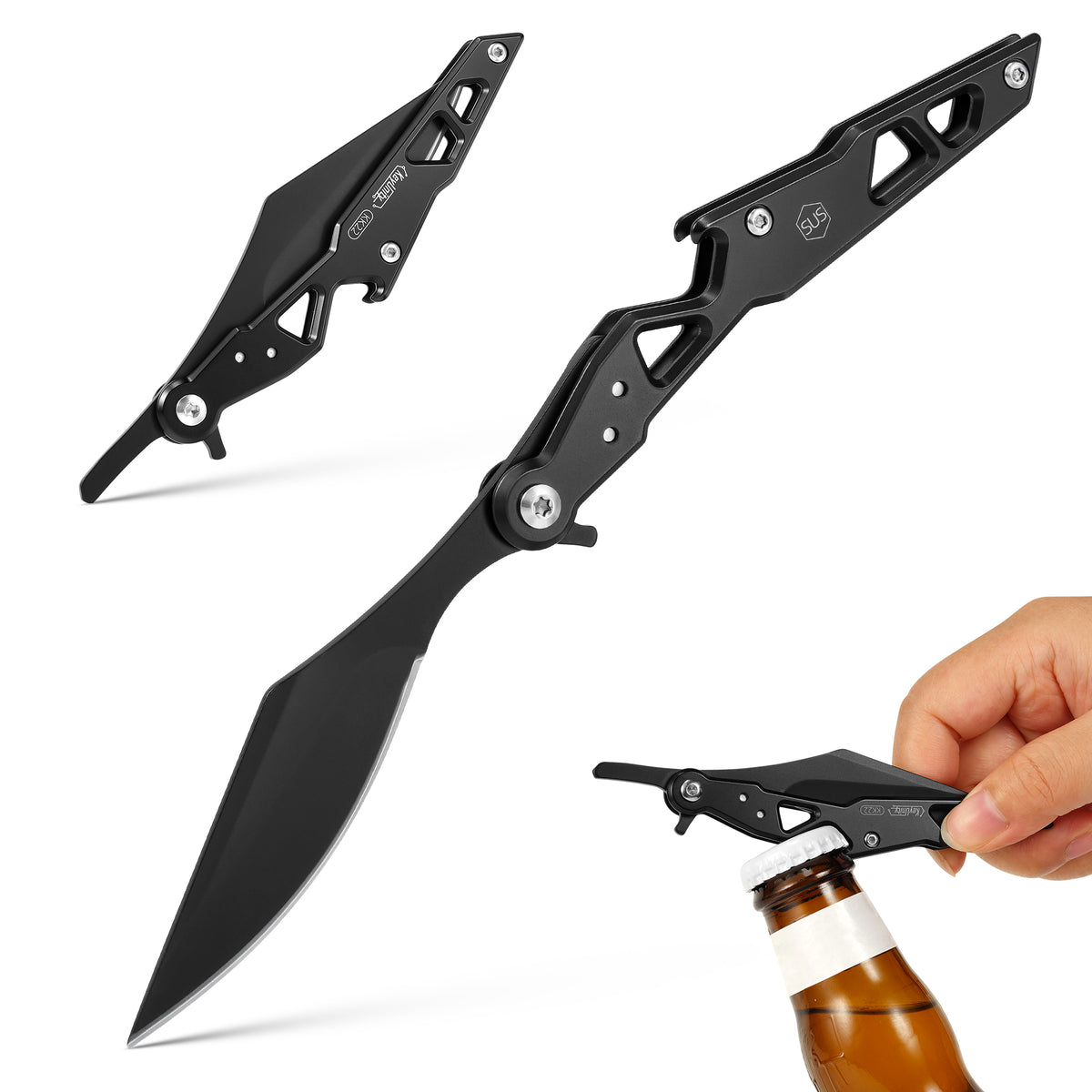 KK22 stainless steel folding knife shown open, folded and using the built-in bottle opener