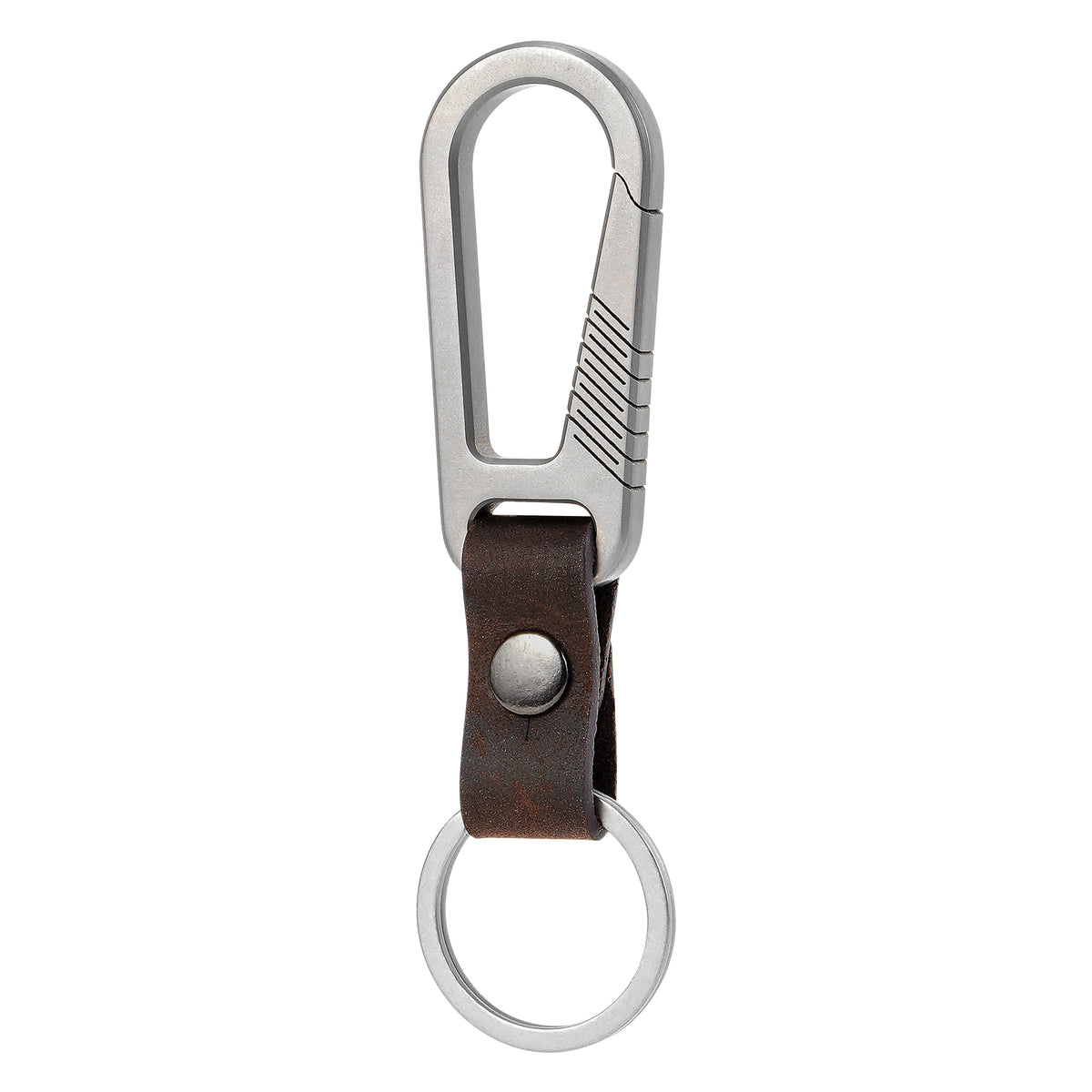 KM27C titanium carabiner keychain with leather connector and stainless steel key ring