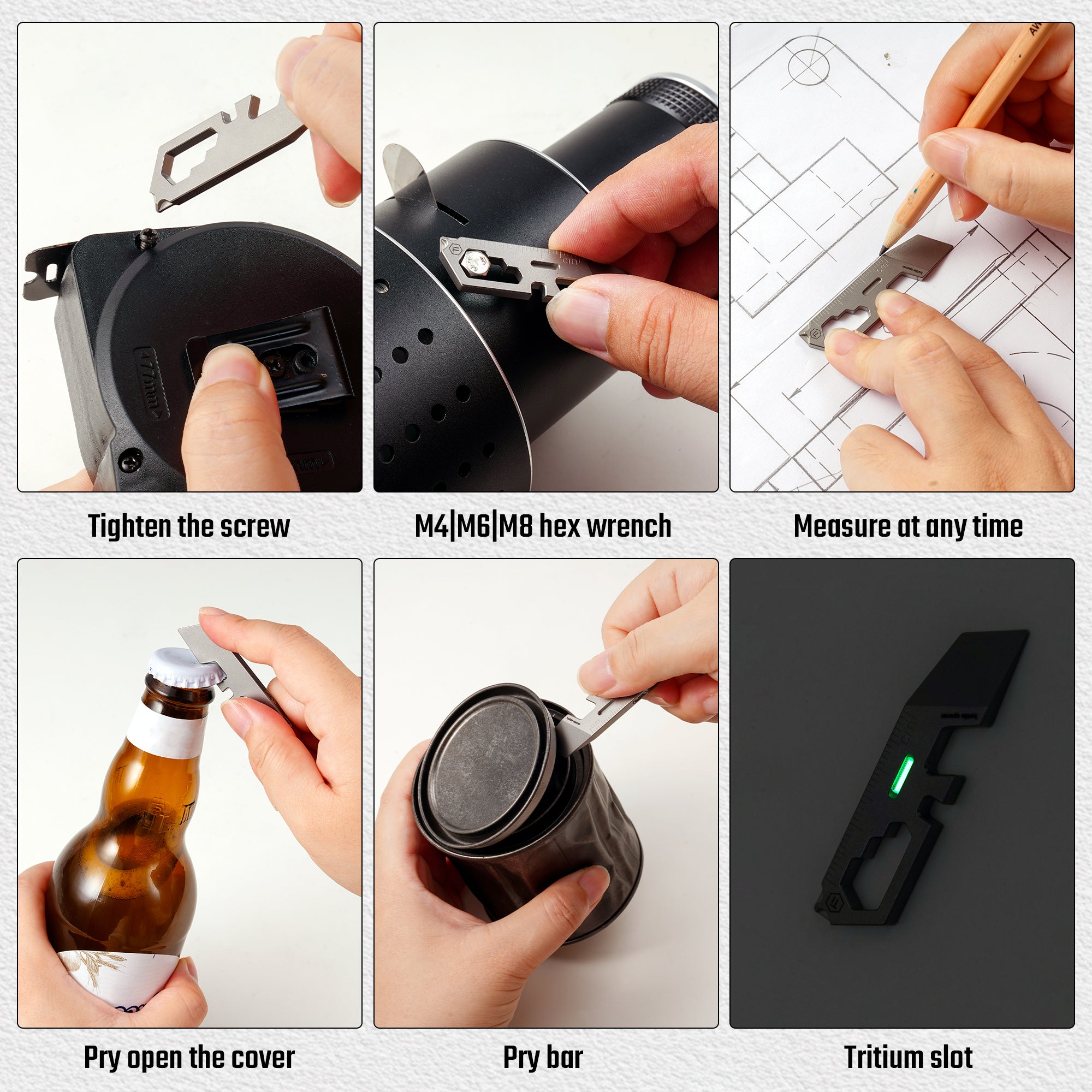 KR04 titanium multitool demonstrating screwdriver, wrench, ruler, bottle opener and pry bar functions