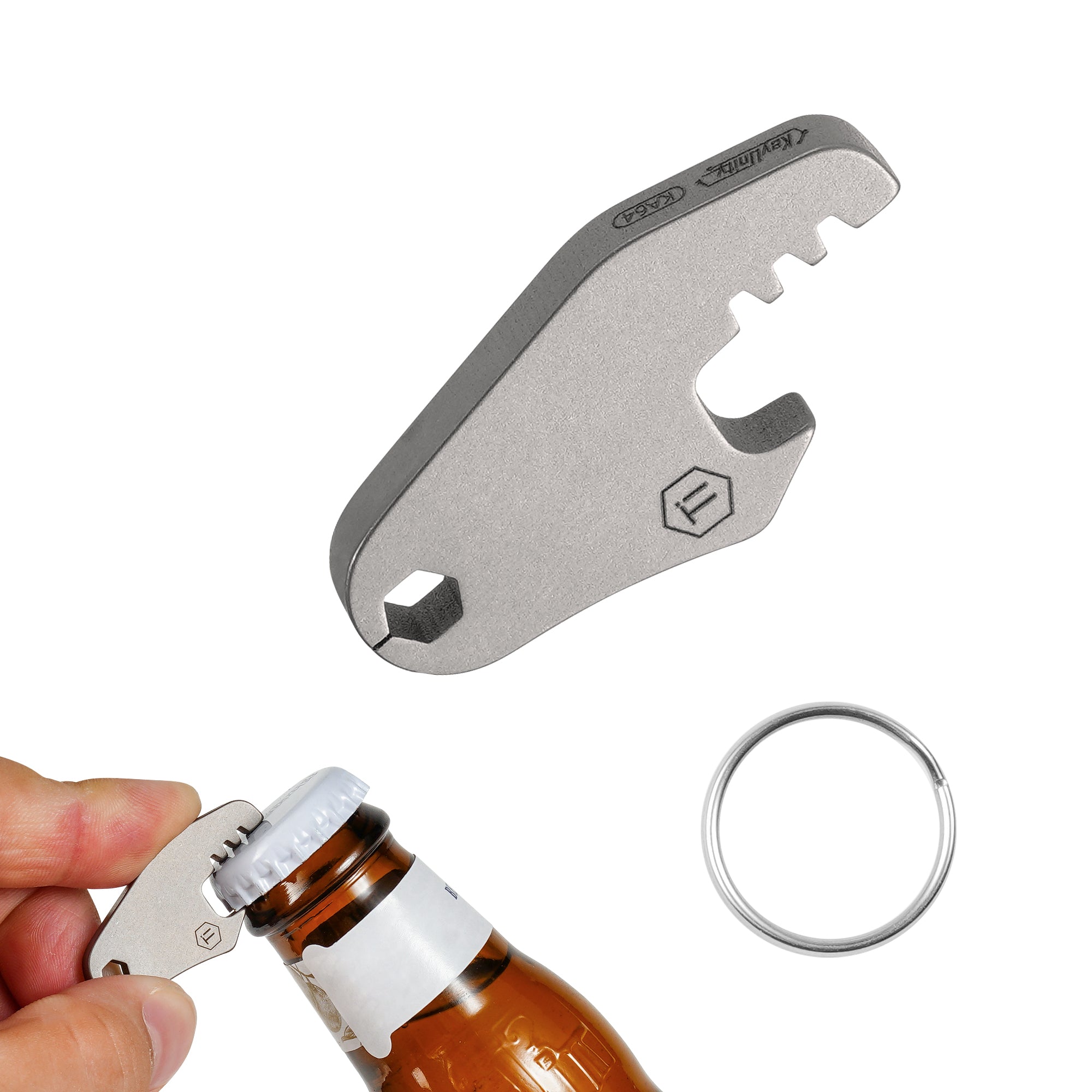 Keyunity KA64 mini titanium bottle opener with 20 mm steel split ring