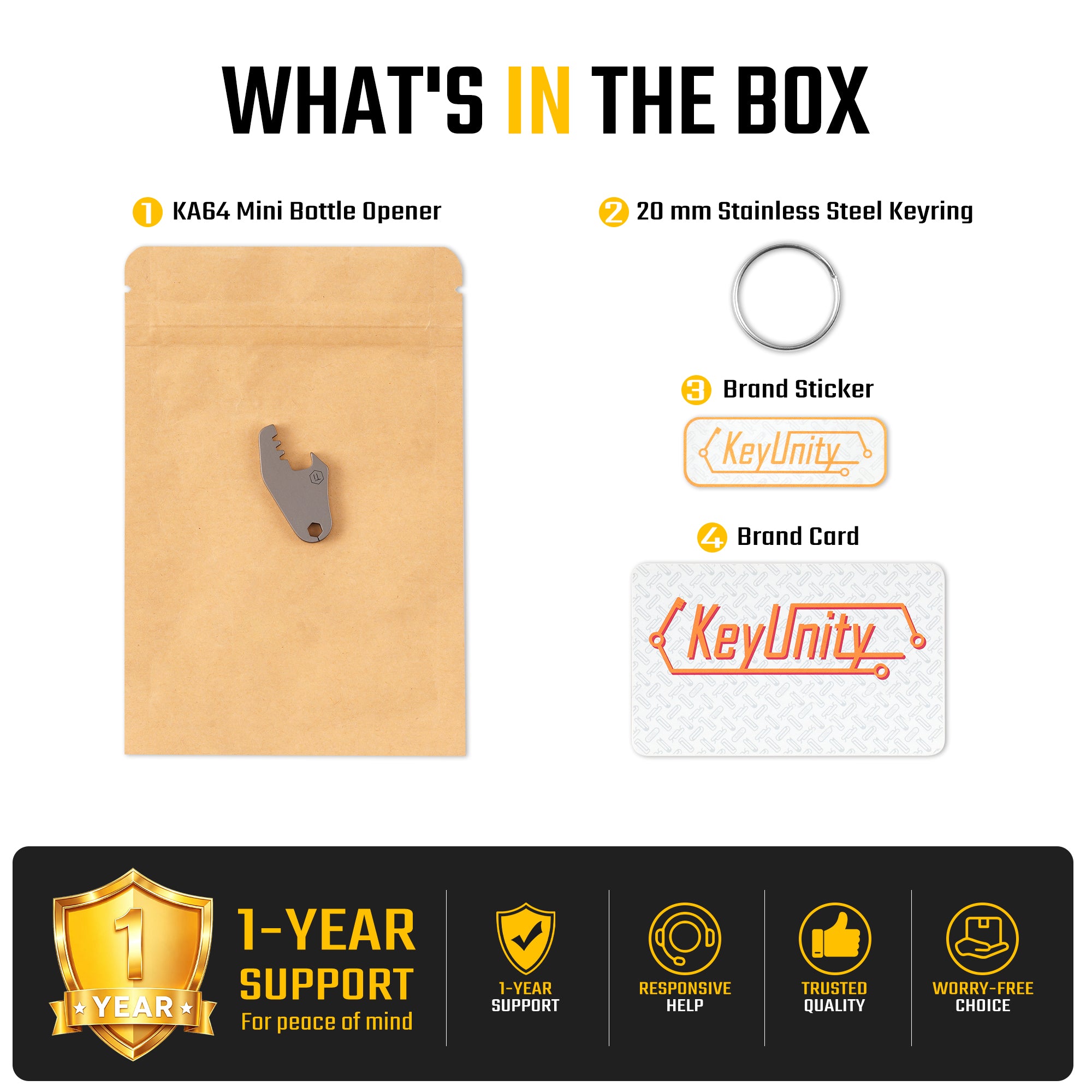 KA64 mini titanium bottle opener package with steel keyring, sticker and brand card