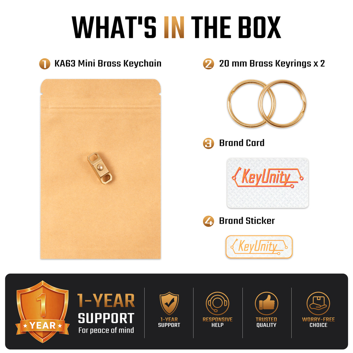 KA63 brass quick release keychain with two brass key rings, card and sticker
