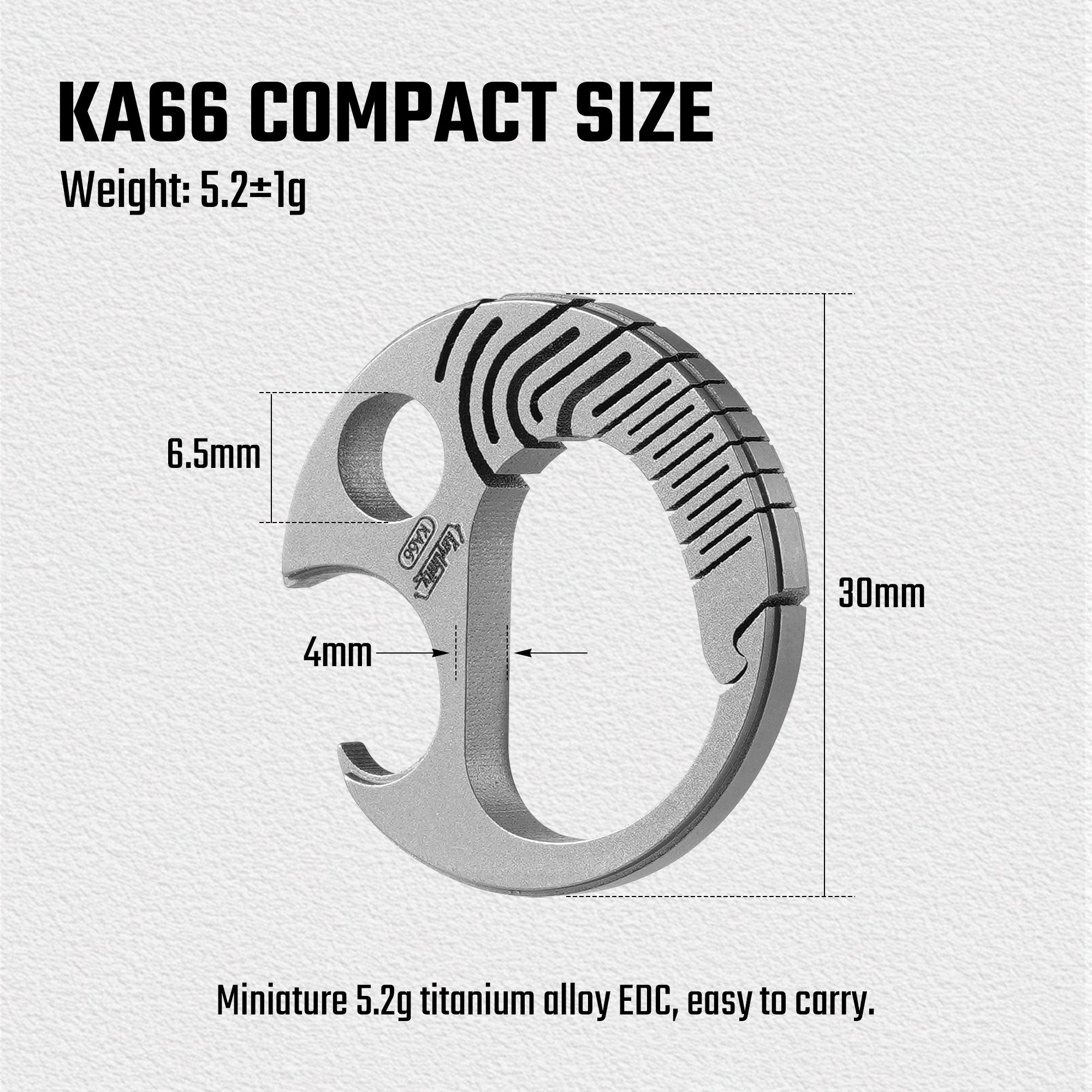 KA66 titanium bottle opener keychain dimensions and 0.18 oz lightweight design